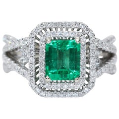 Columbia Natural Beryl Emerald  Insignificant Oil White Gold Diamond Ring 1.15ct