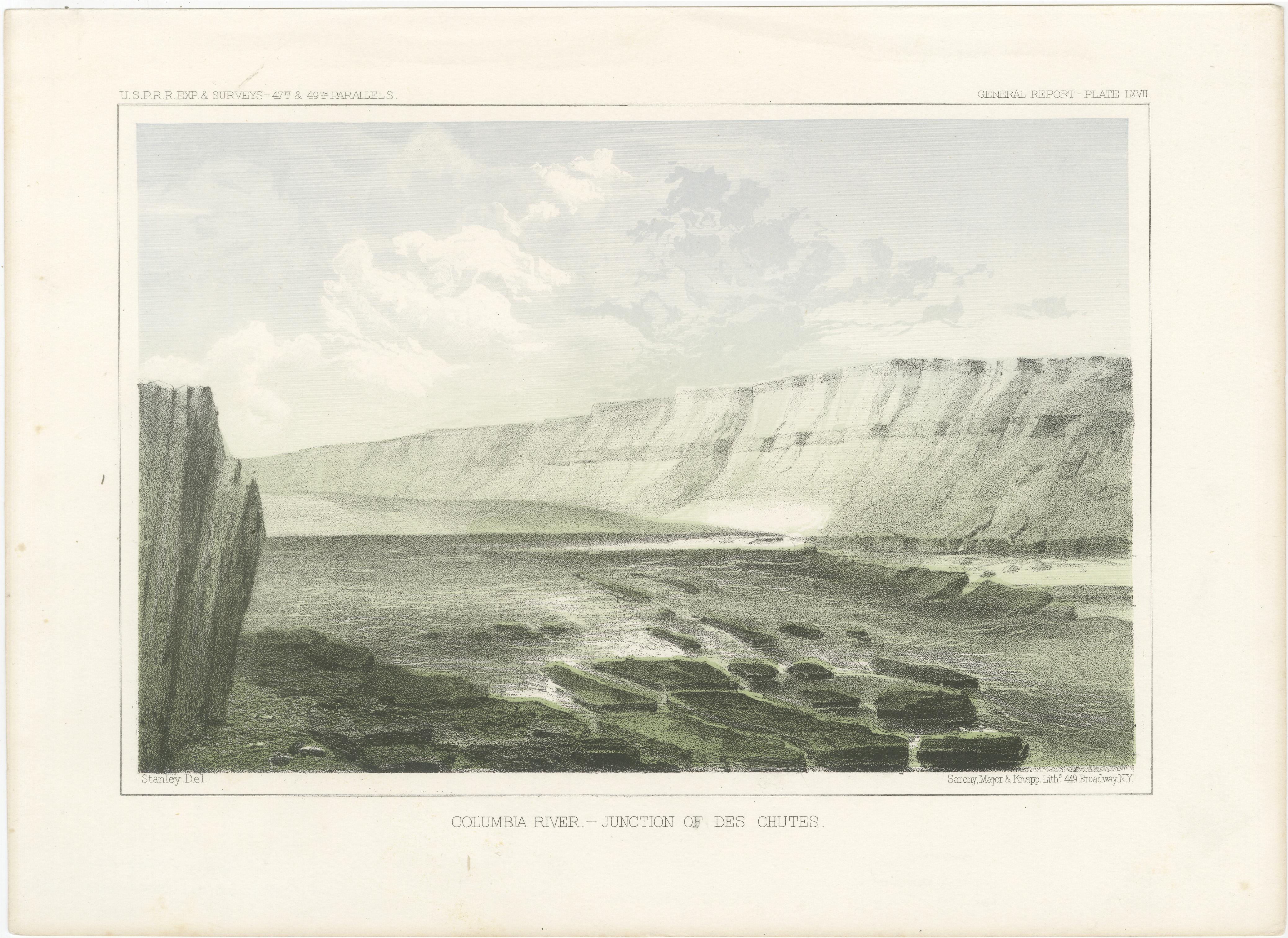 Titolo: Giunzione del fiume Columbia con Des Chutes - Un paesaggio fluviale Majestic

Descrizione: Questa accattivante litografia raffigura la drammatica confluenza del fiume Columbia con Des Chutes, offrendo una vista mozzafiato di scogliere