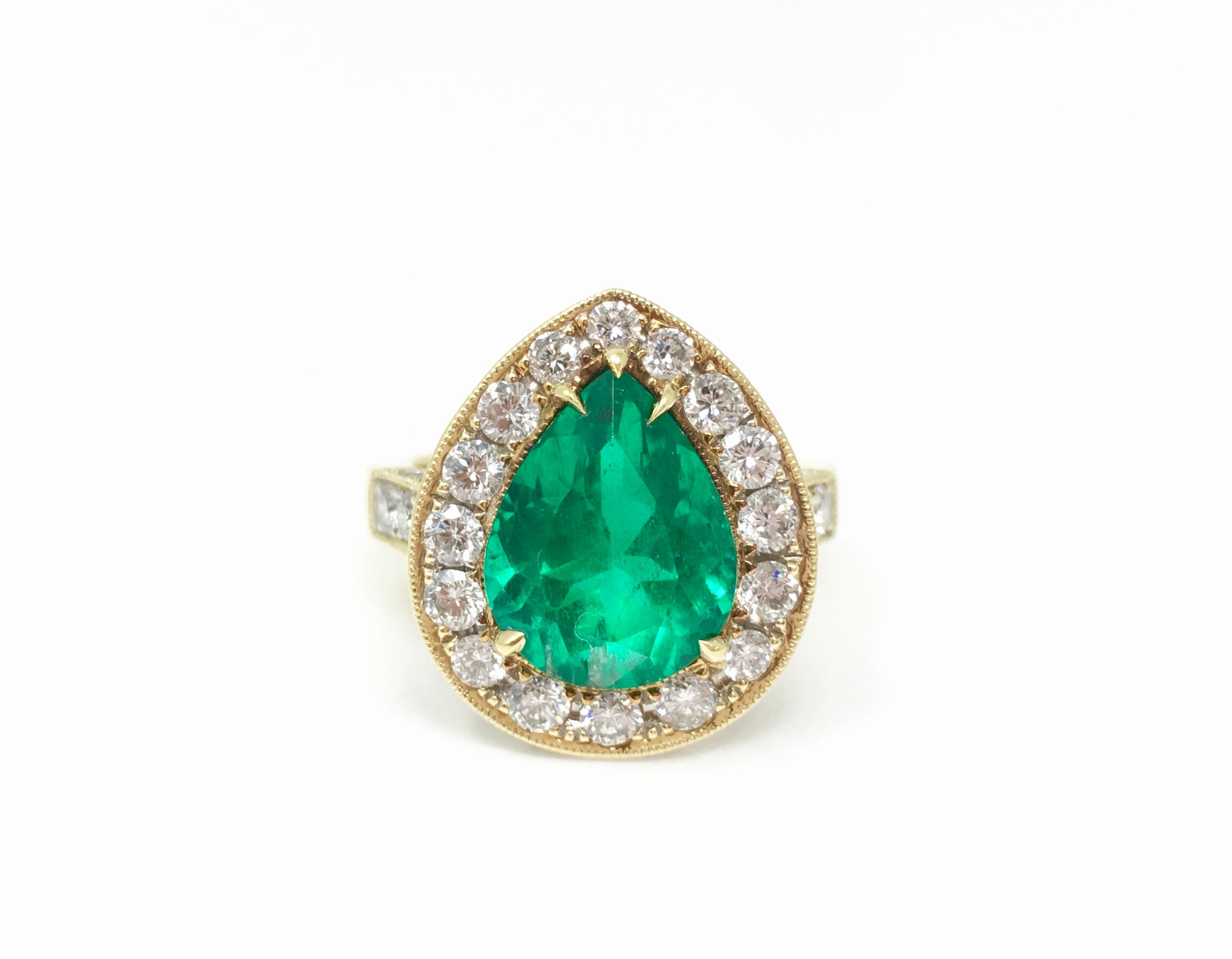 Pear Cut 3.25 Carat Emerald and Diamond Engagement Ring in 18K Yellow Gold