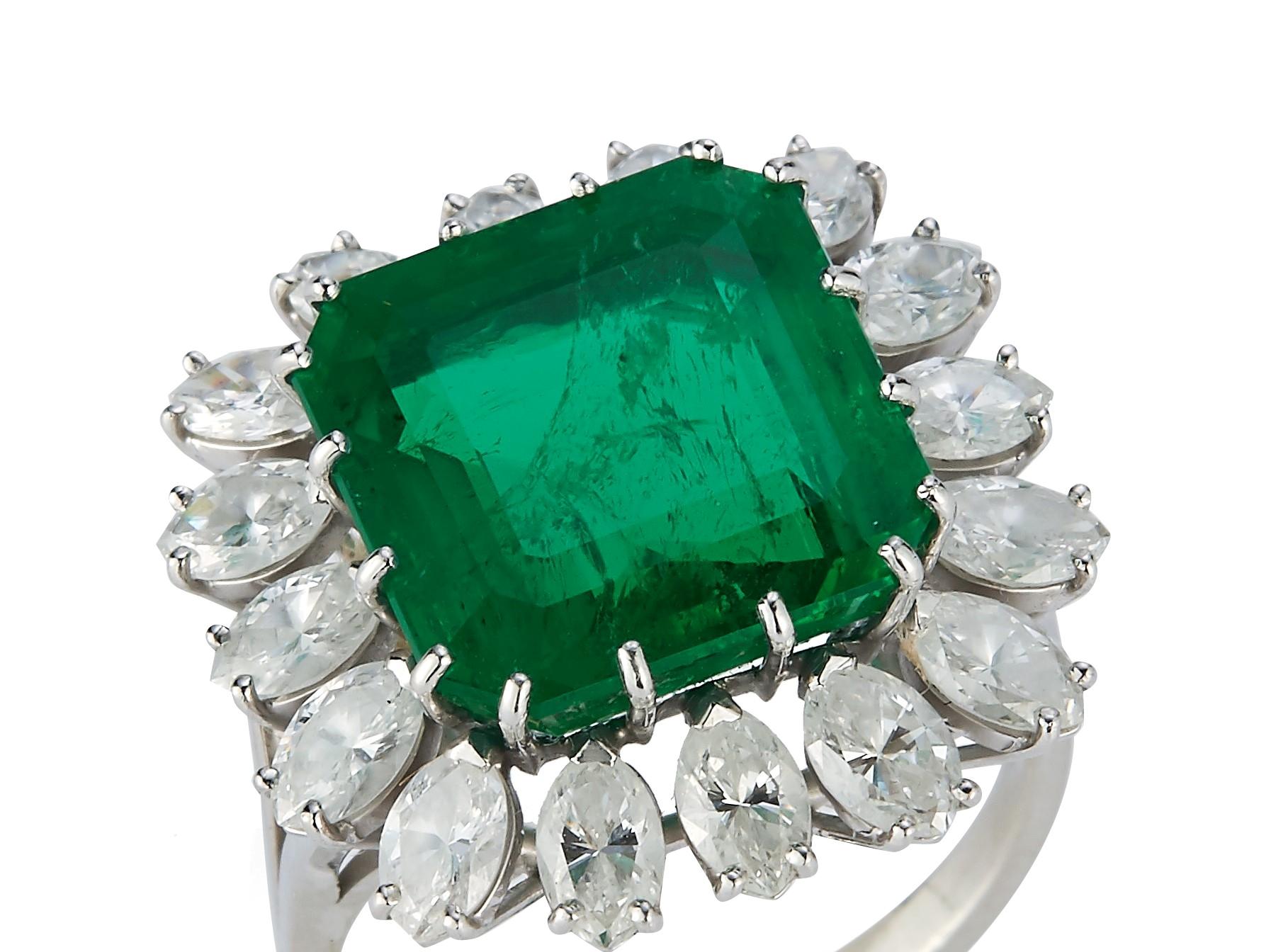 Cushion Cut 8.30ct Emerald and Diamond Ring in 18K White Gold For Sale