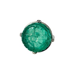Columbian Carved Emerald and Diamond Engagement Ring in 18k White Gold