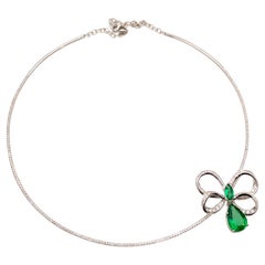 Columbian Emerald and Diamond 18K White Gold Bow Necklace