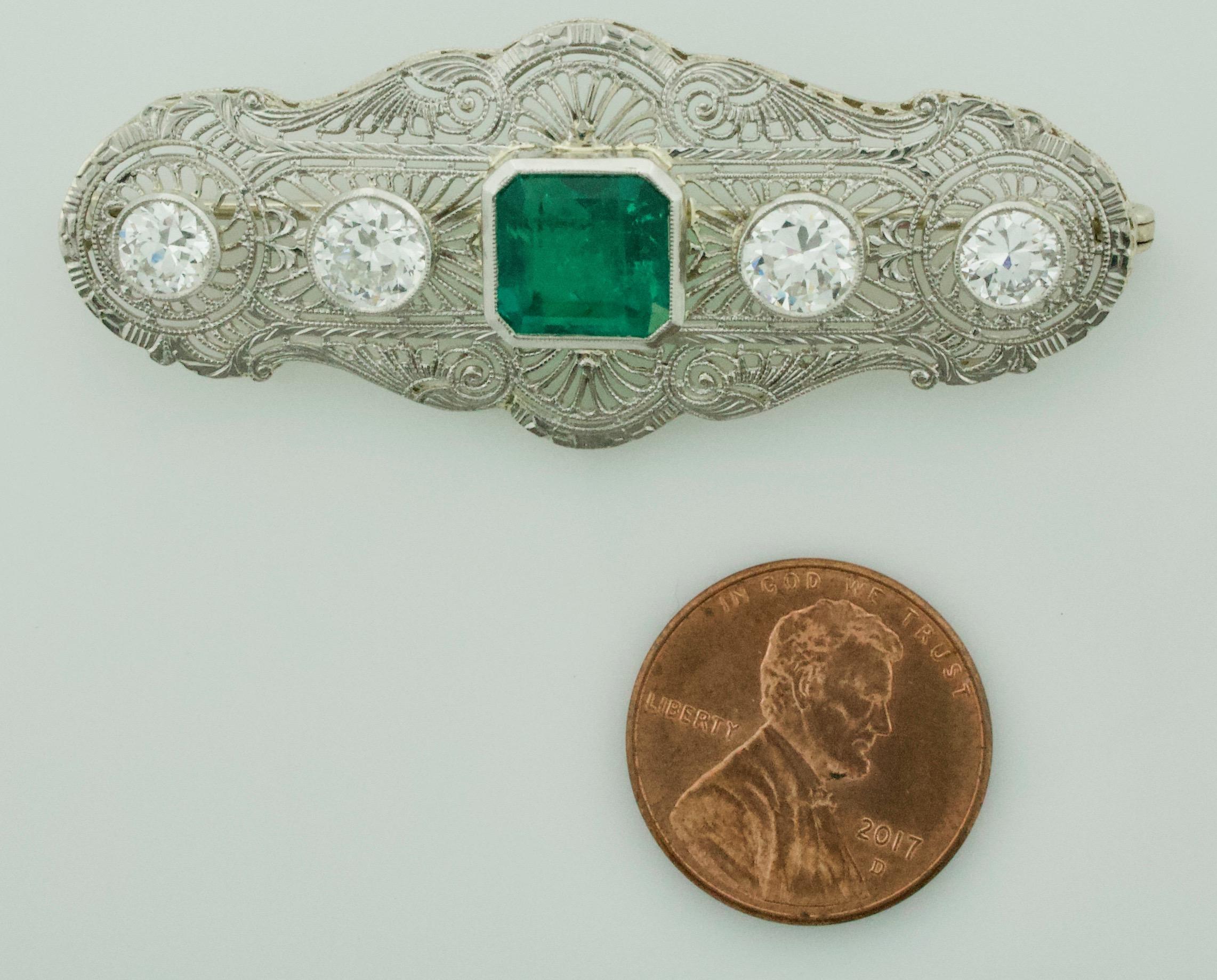 Art Deco Colombian Emerald and Diamond Brooch circa 1920s GIA Certified