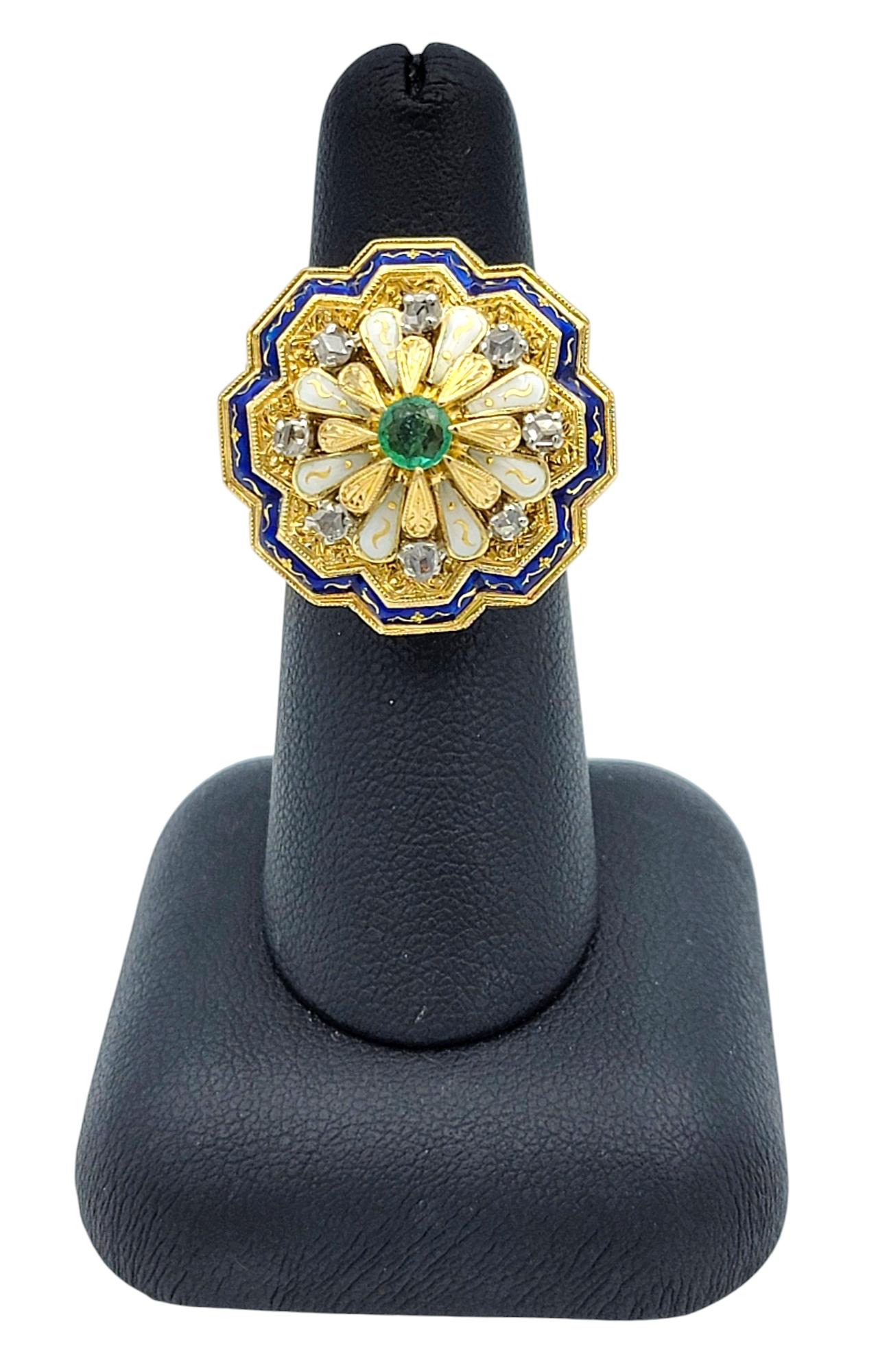 Columbian Emerald and Diamond Enamel Cocktail Ring in 18 Karat Yellow Gold For Sale 4