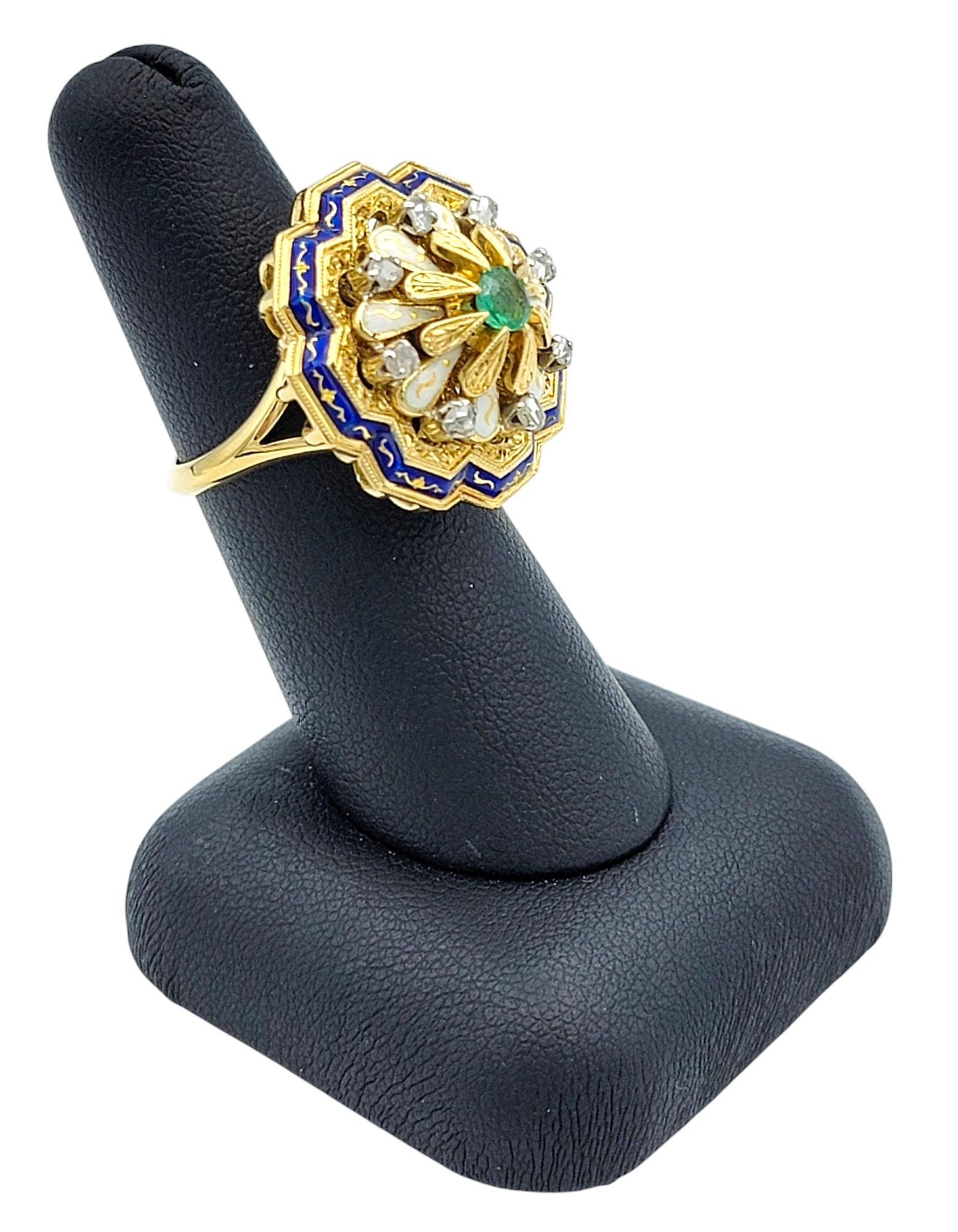 Columbian Emerald and Diamond Enamel Cocktail Ring in 18 Karat Yellow Gold For Sale 5