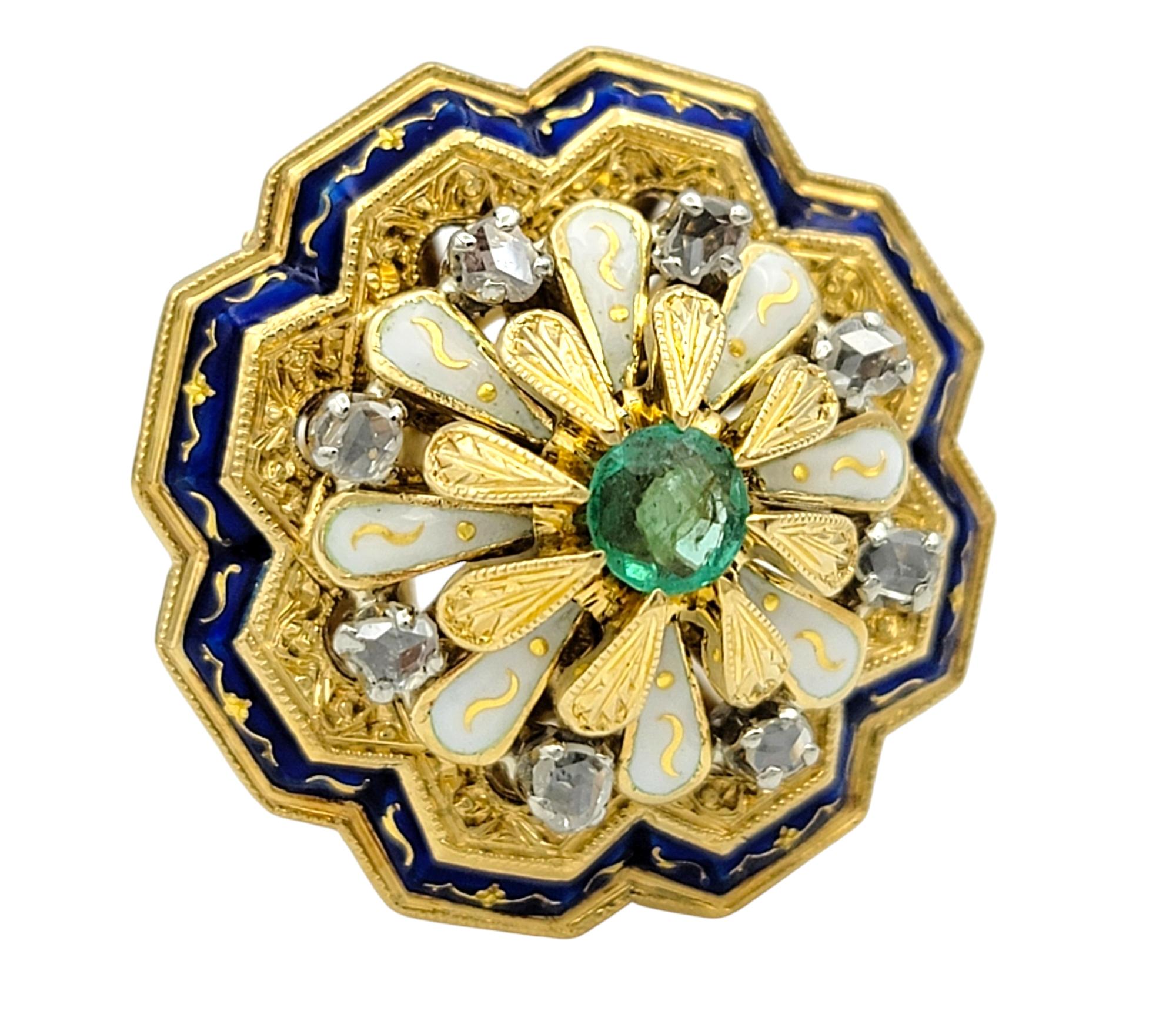 Columbian Emerald and Diamond Enamel Cocktail Ring in 18 Karat Yellow Gold For Sale 8
