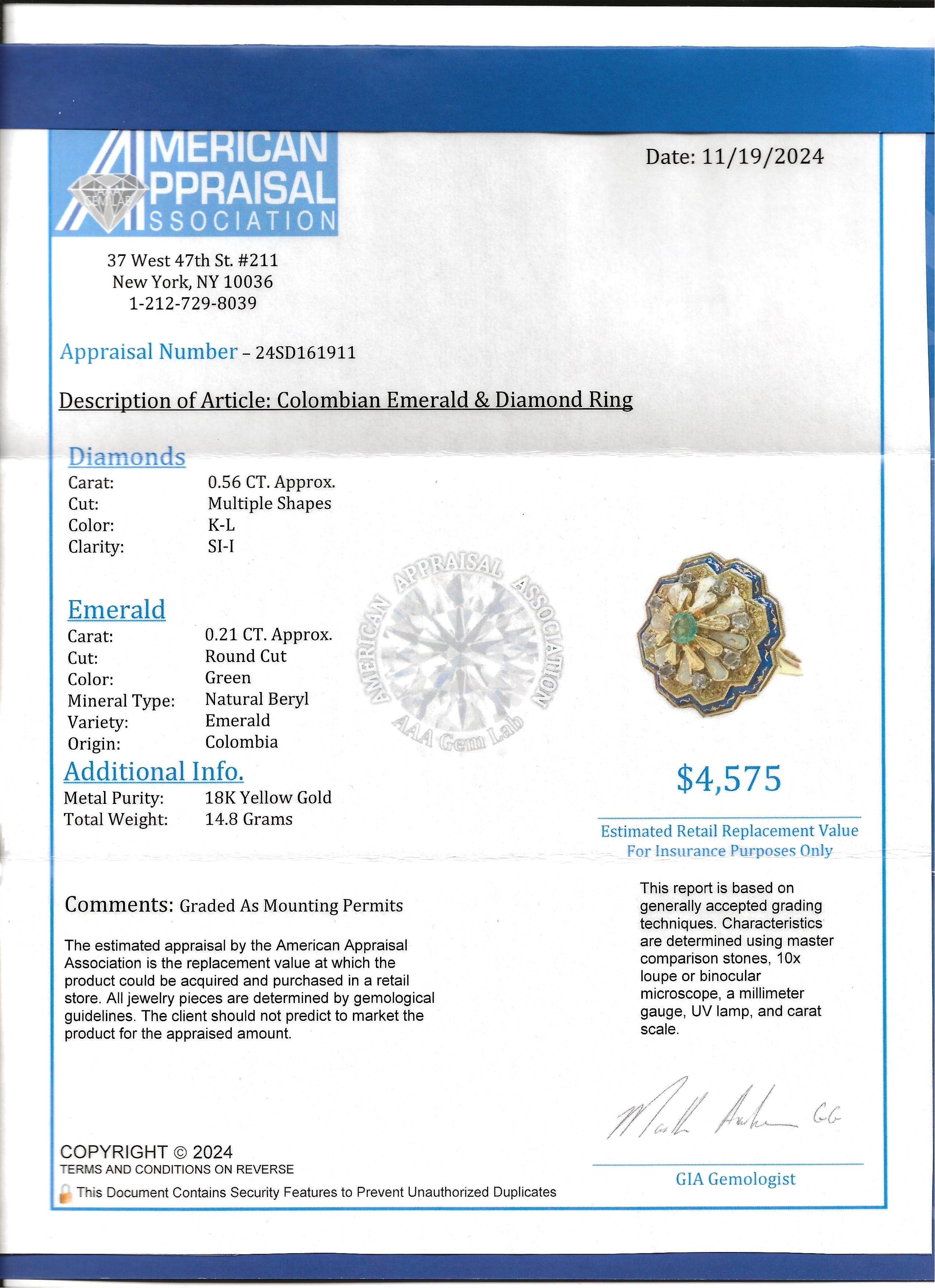 Columbian Emerald and Diamond Enamel Cocktail Ring in 18 Karat Yellow Gold For Sale 9