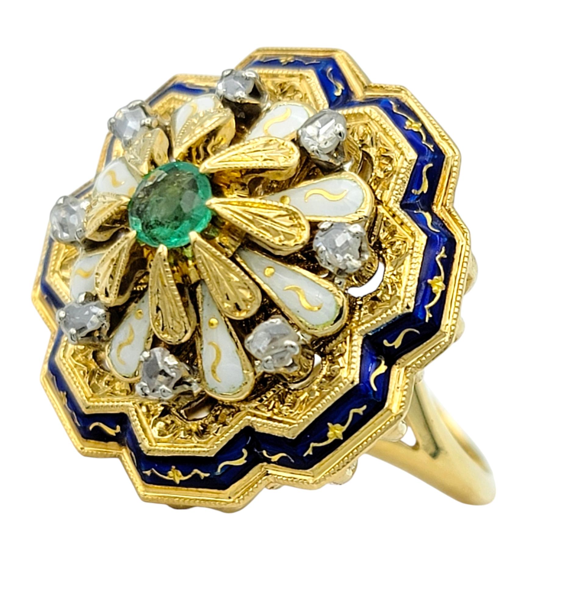 Ring Size: 6.5

Indulge in the exquisite elegance of this Colombian emerald and diamond cocktail ring, a masterpiece of timeless beauty and bold design. At its center is a radiant green emerald, its vibrant hue a symbol of sophistication and natural