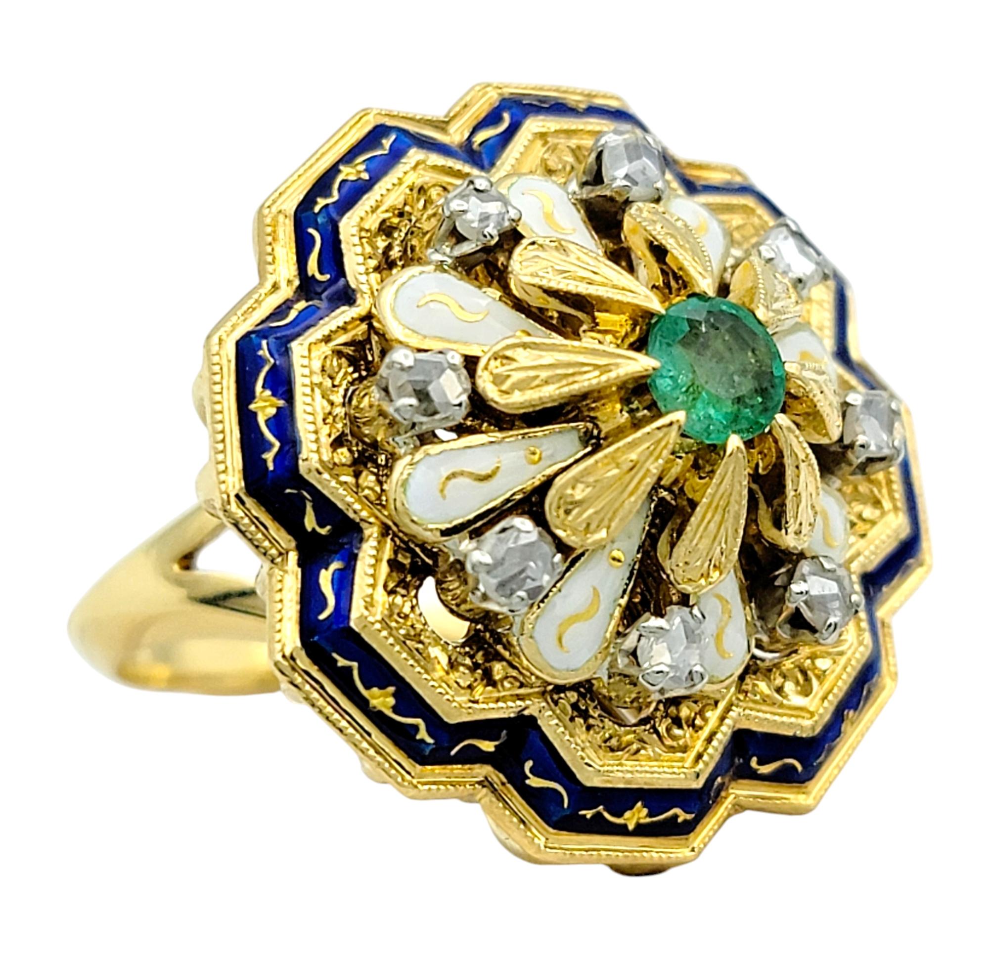 Contemporary Columbian Emerald and Diamond Enamel Cocktail Ring in 18 Karat Yellow Gold For Sale