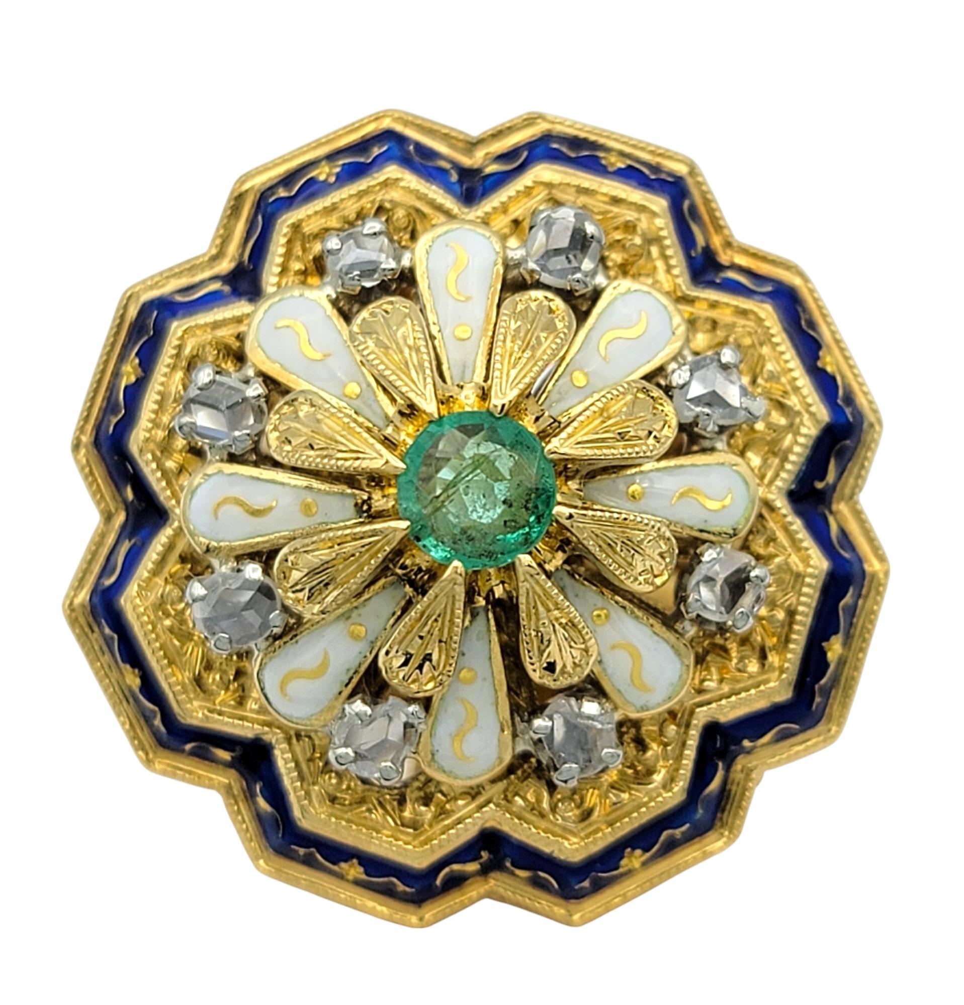 Round Cut Columbian Emerald and Diamond Enamel Cocktail Ring in 18 Karat Yellow Gold For Sale