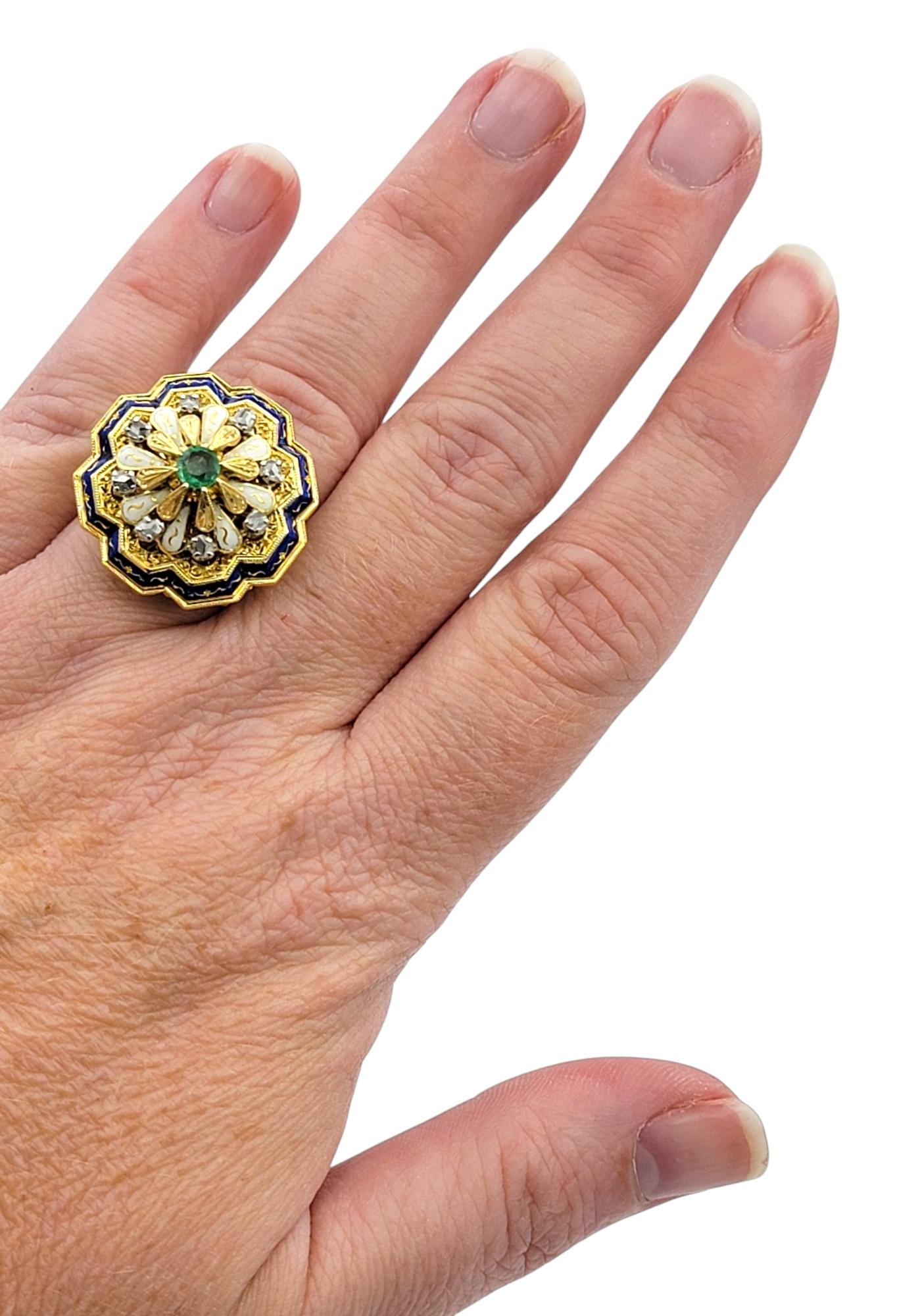 Women's Columbian Emerald and Diamond Enamel Cocktail Ring in 18 Karat Yellow Gold For Sale