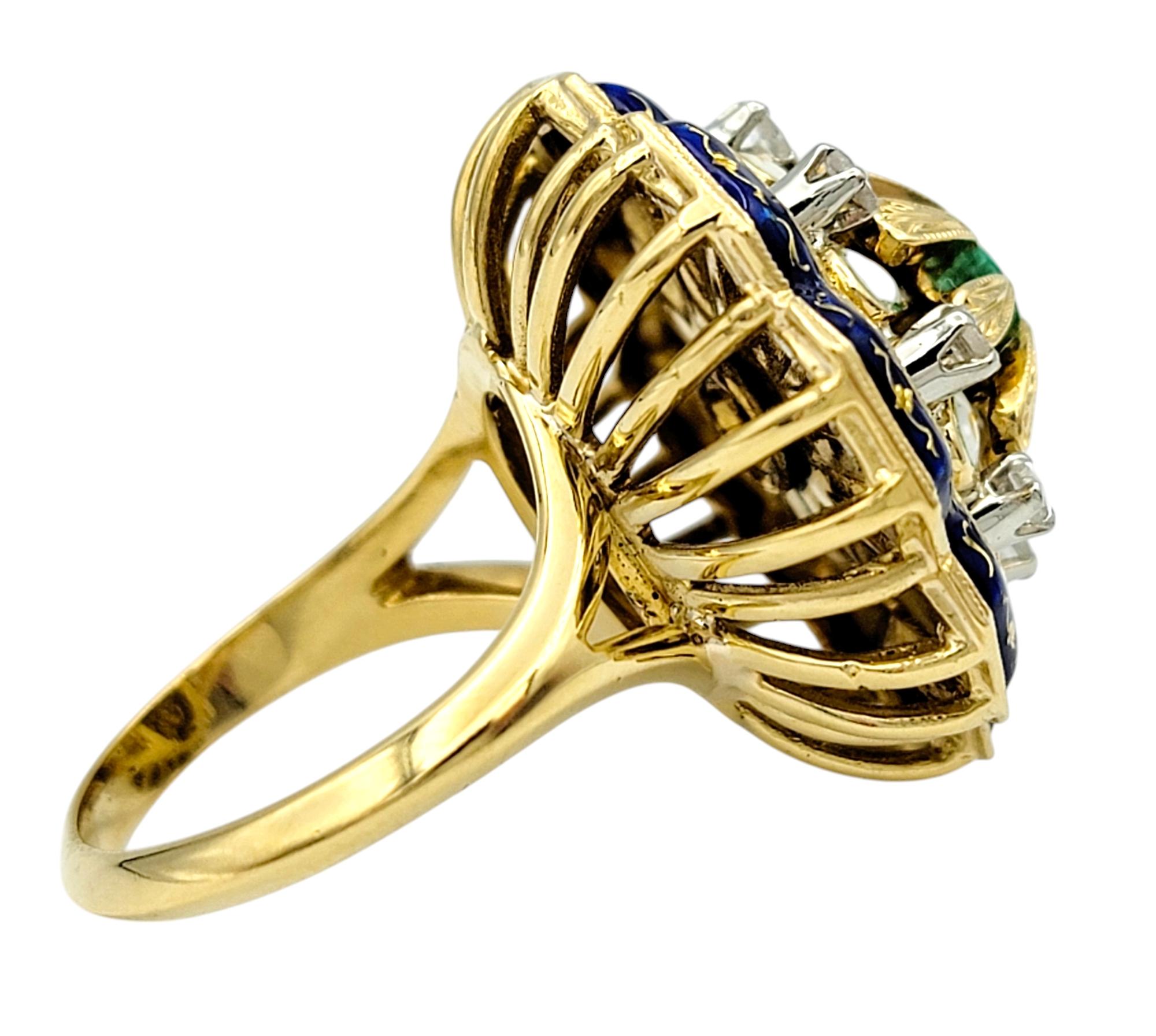 Columbian Emerald and Diamond Enamel Cocktail Ring in 18 Karat Yellow Gold For Sale 2
