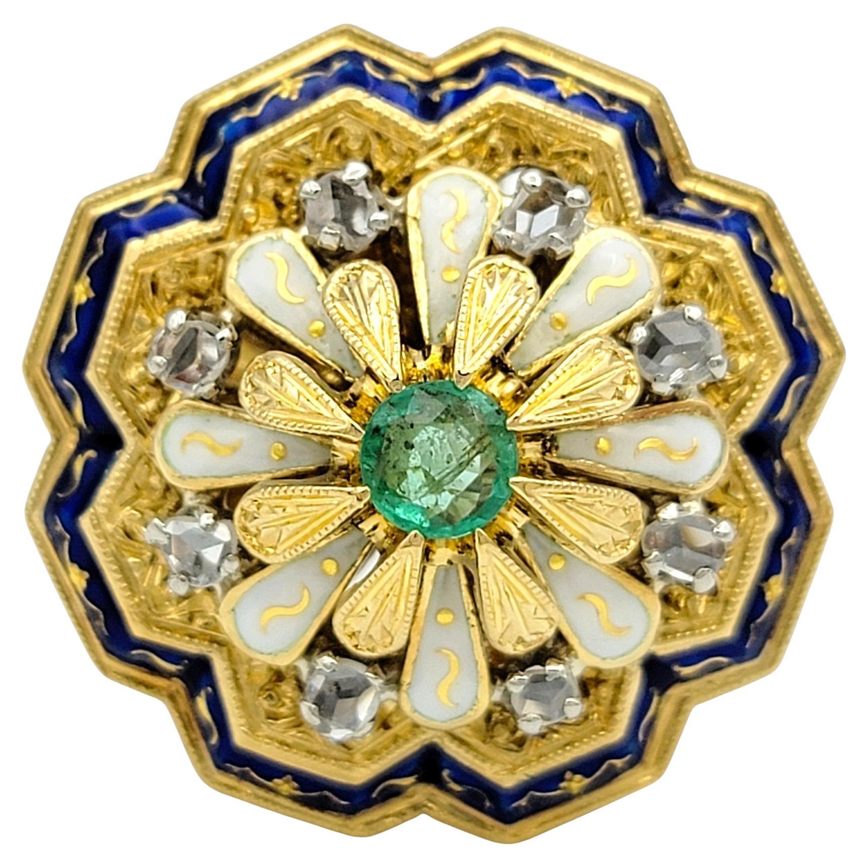 Columbian Emerald and Diamond Enamel Cocktail Ring in 18 Karat Yellow Gold