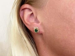 Columbian Emerald and Diamond Halo Stud Earrings in 18k Yellow Gold