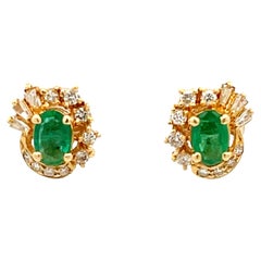 Columbian Emerald and Diamond Halo Stud Earrings in 18k Yellow Gold