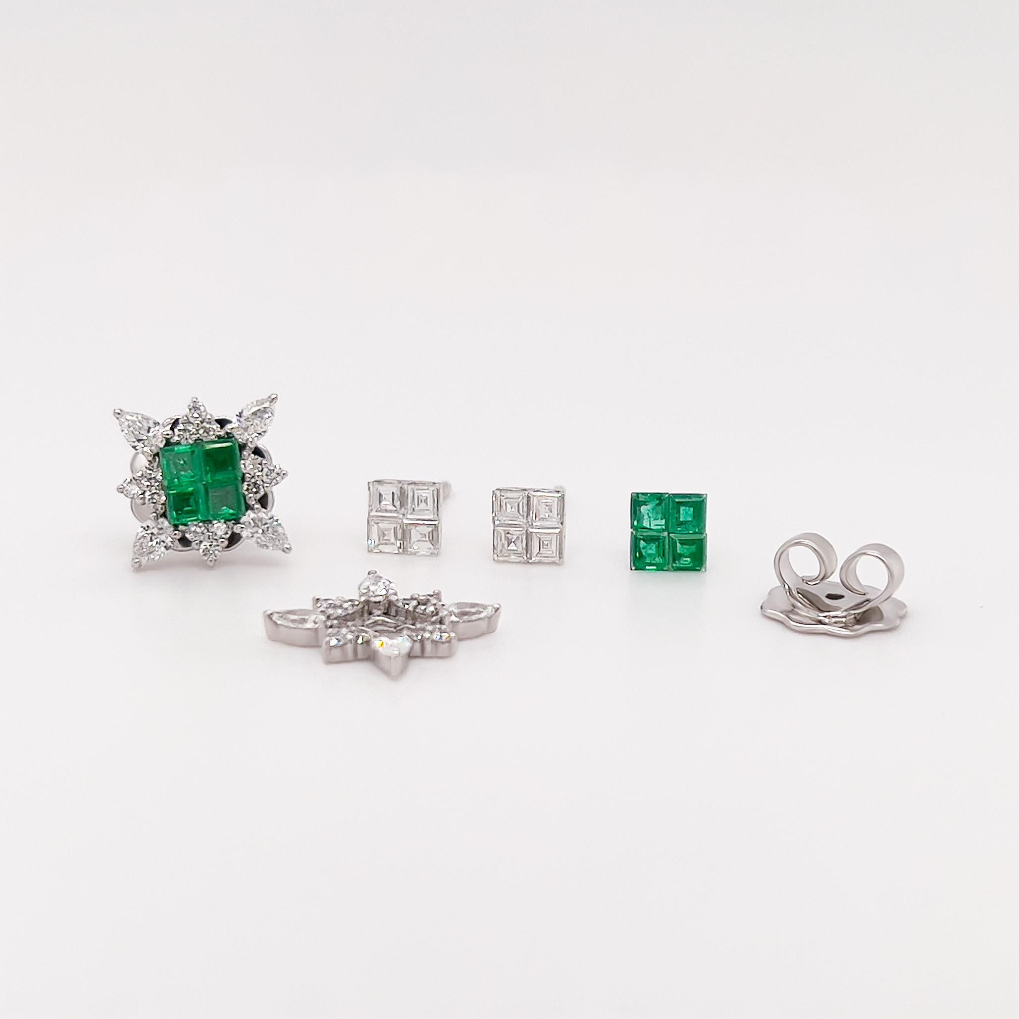 Modern Columbian Emerald and Diamond Interchangeable Earrings in 18k White Gold For Sale