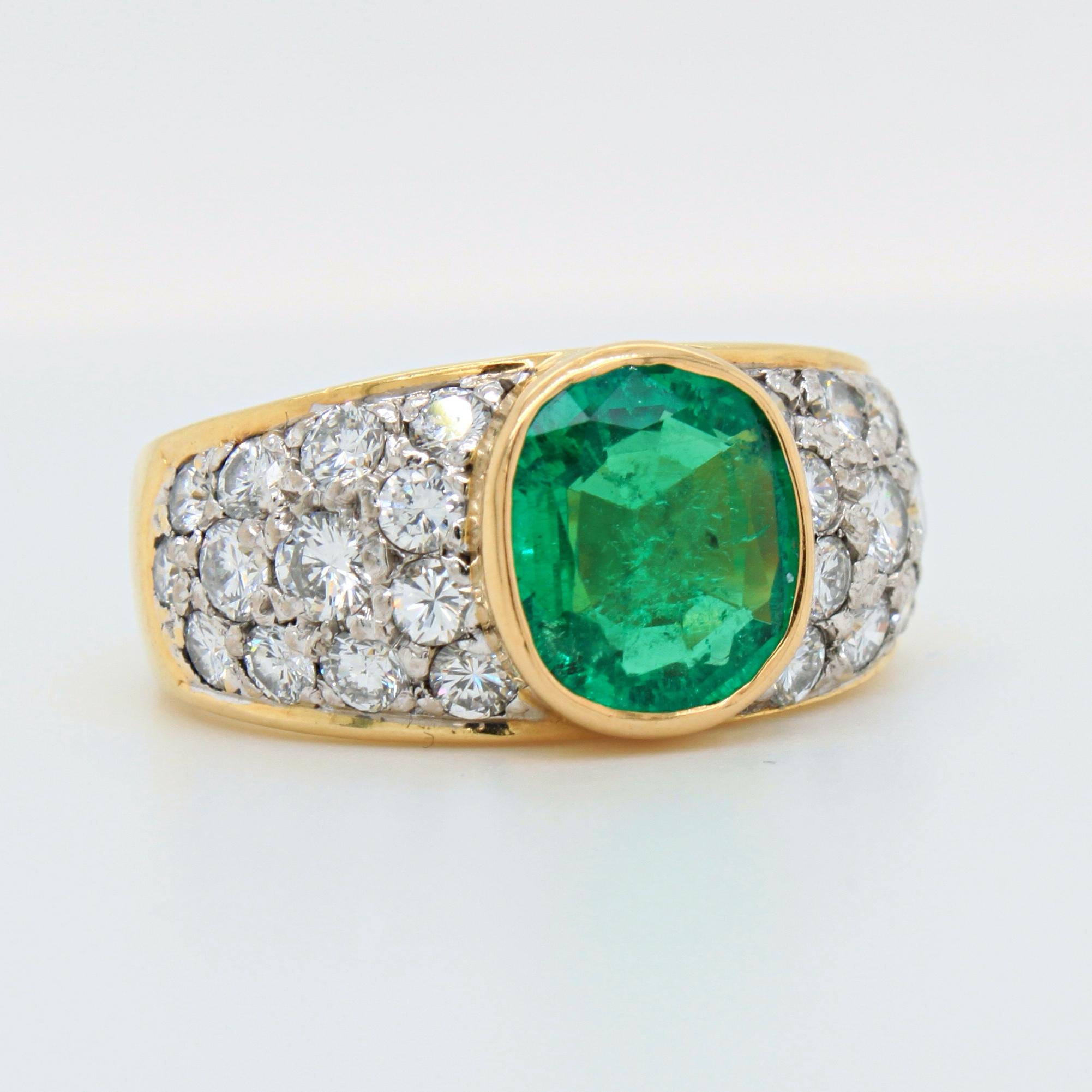 Antique Cushion Cut Colombian Emerald and Diamond Ring