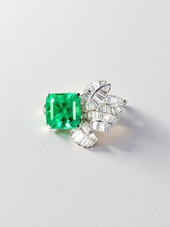 Columbian Emerald Baguette Diamond 18K Gold Palm Leaf Ring