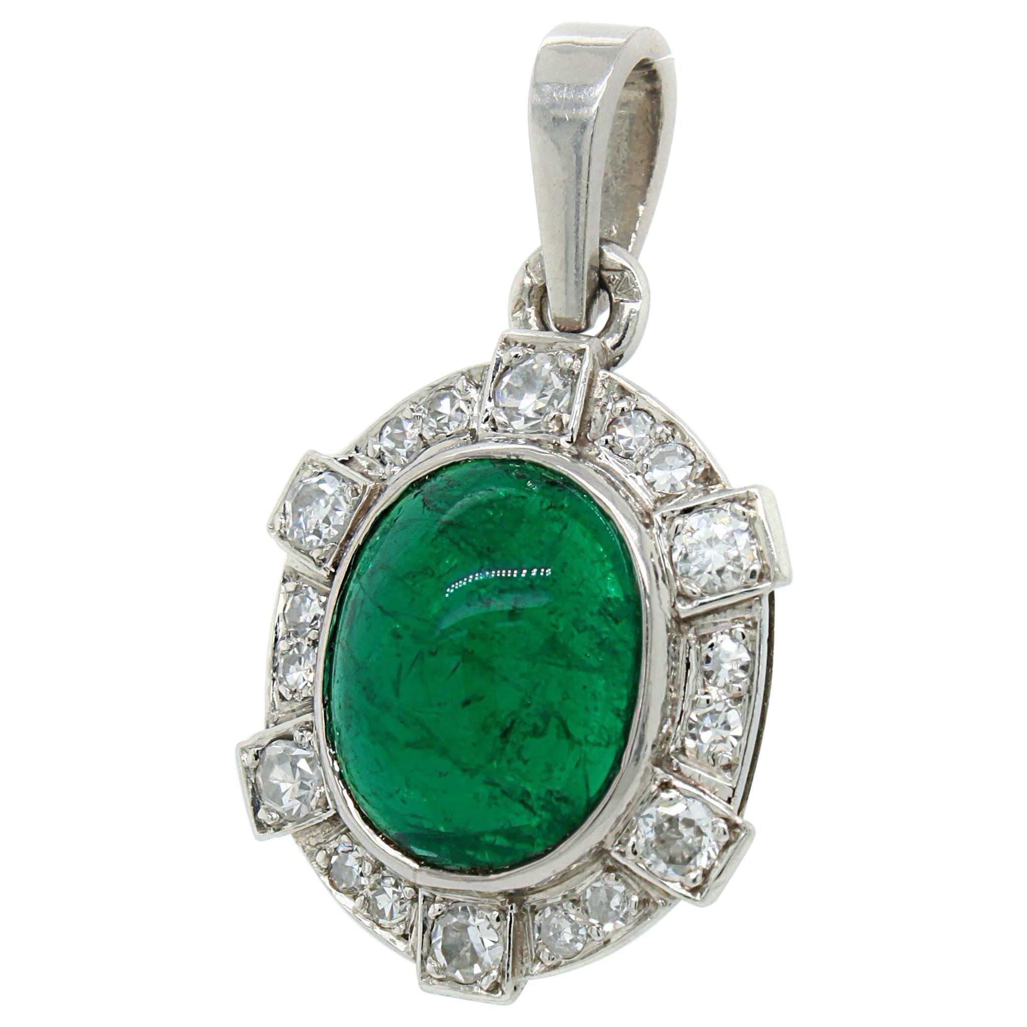 Columbian Emerald Cabochon and Diamond Pendant, France, circa 1920s For Sale