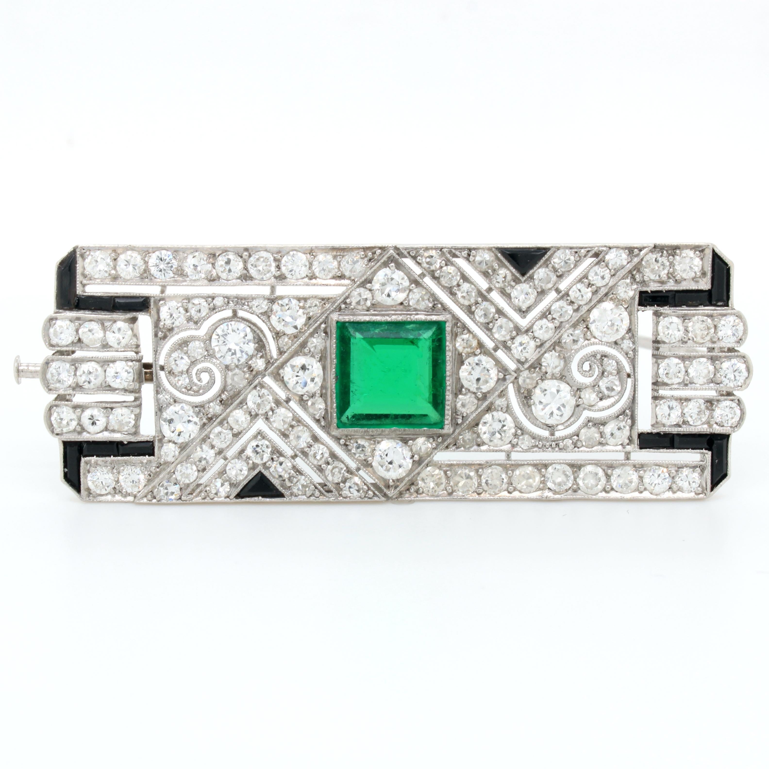 Square Cut Columbian Emerald, Diamond and Onyx Art Deco Brooch, ca. 1920s For Sale