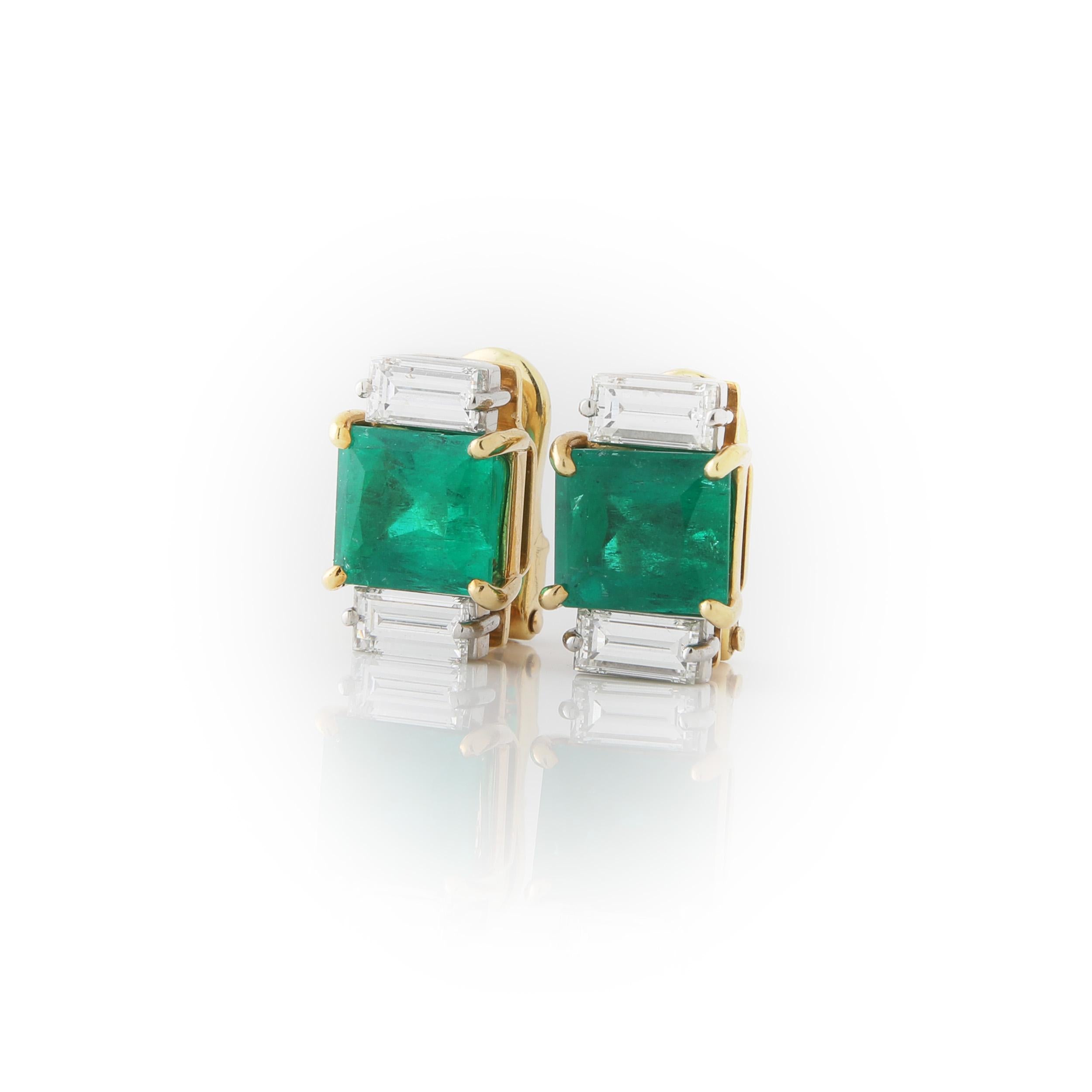 Emerald Cut Columbian Emerald & Diamond Baguette Earrings For Sale