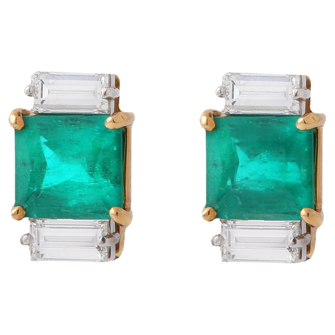 Columbian Emerald & Diamond Baguette Earrings For Sale