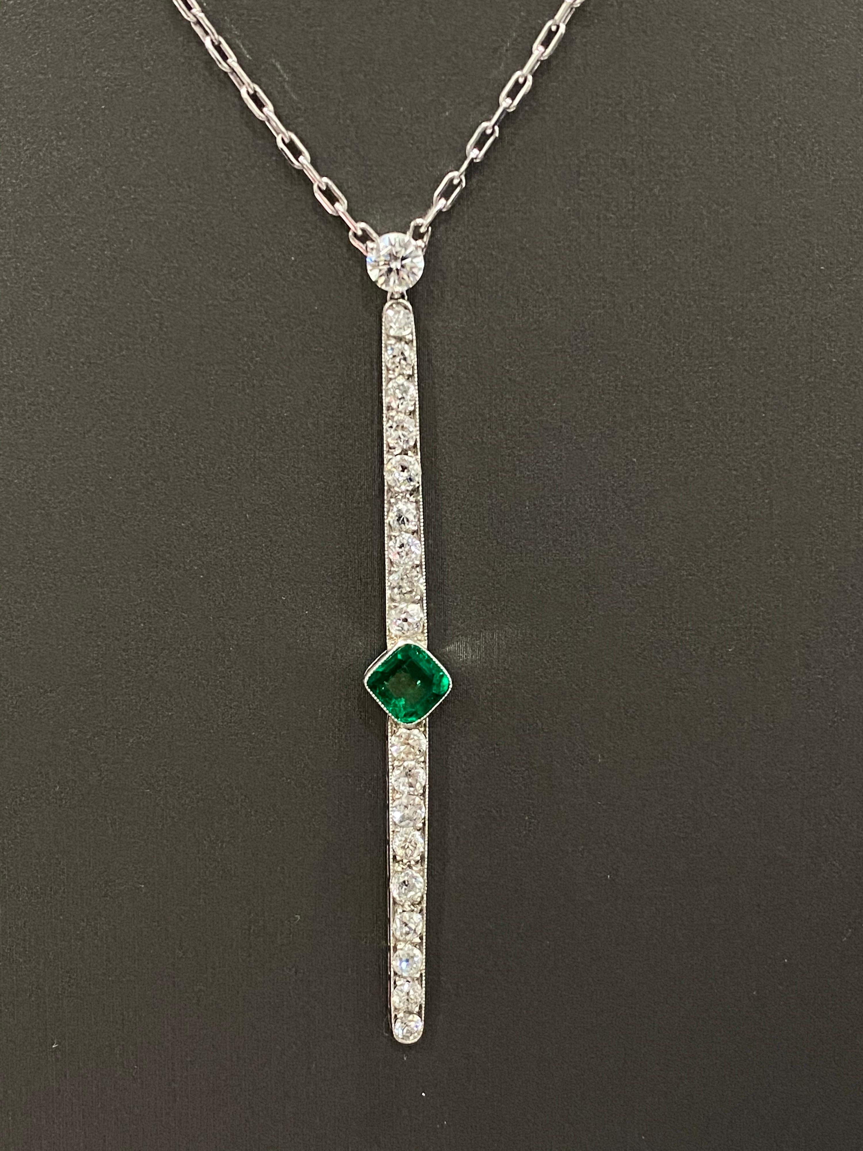 Women's or Men's Columbian Emerald Diamond Bar Platinum Necklace