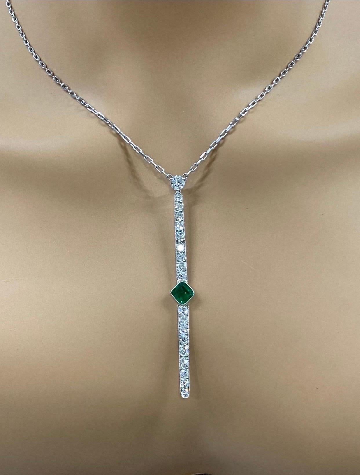Mixed Cut Columbian Emerald Diamond Bar Platinum Necklace