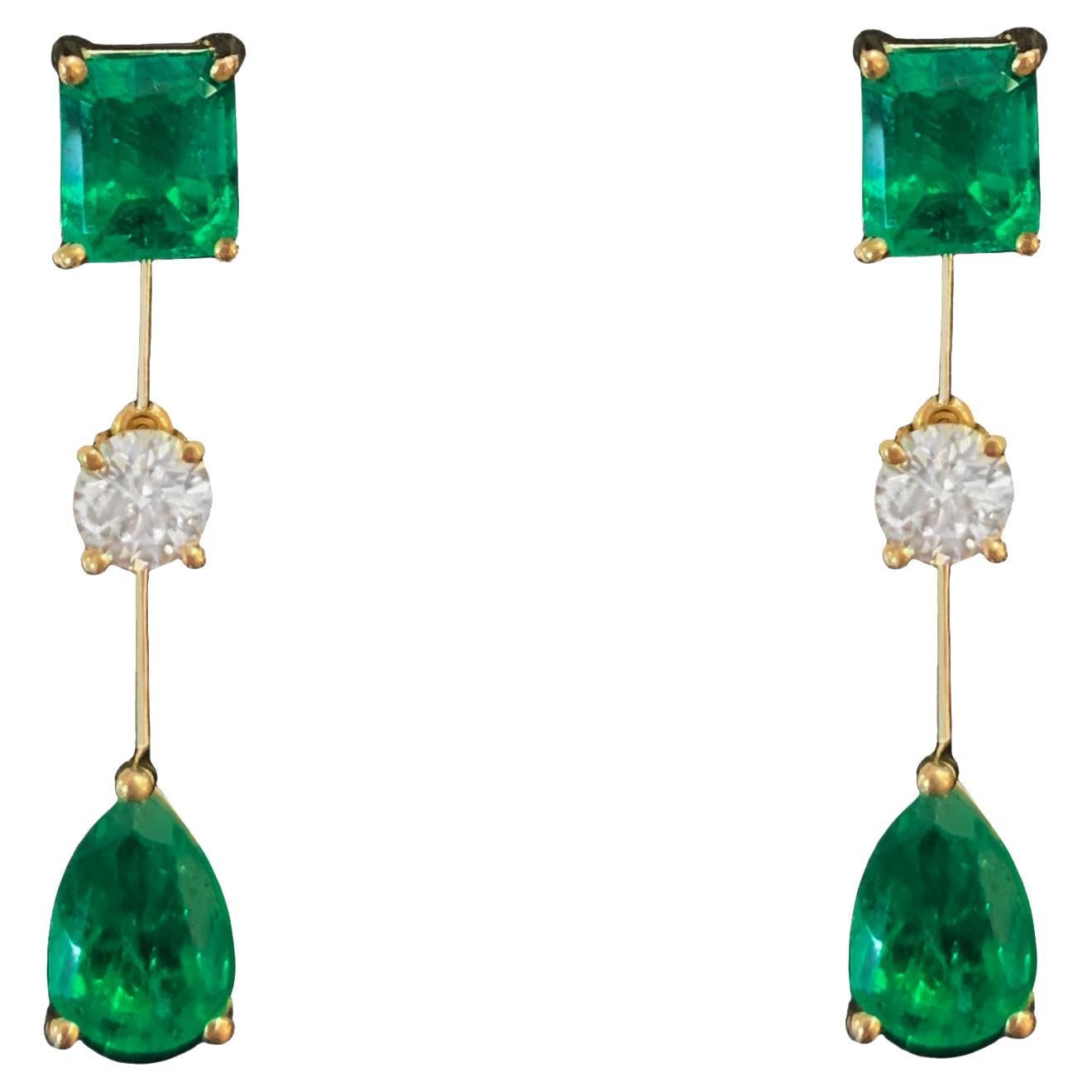 Columbian Emerald & Diamond Earrings in Yellow Gold For Sale