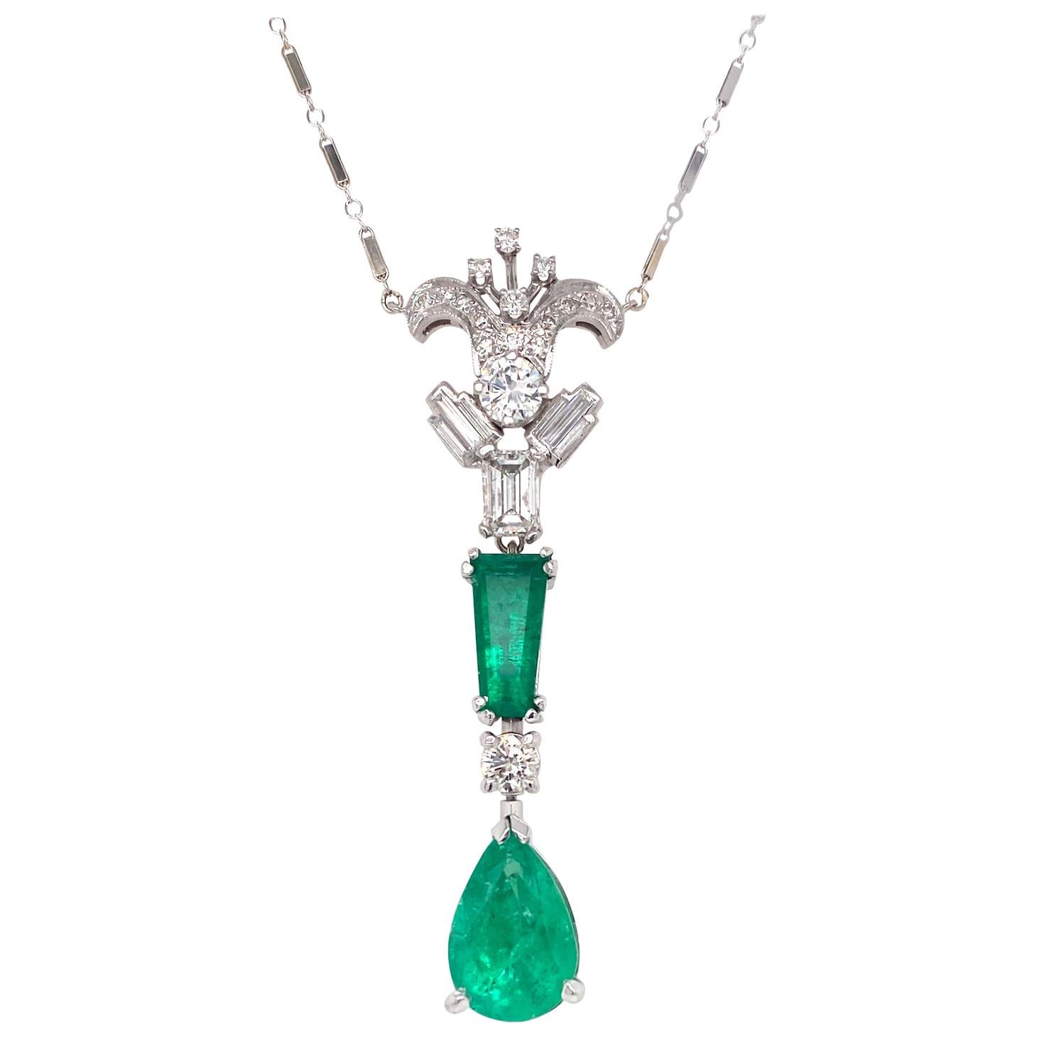 Colombian Emerald Diamond Estate Vintage Pendant Necklace 18 Karat White Gold