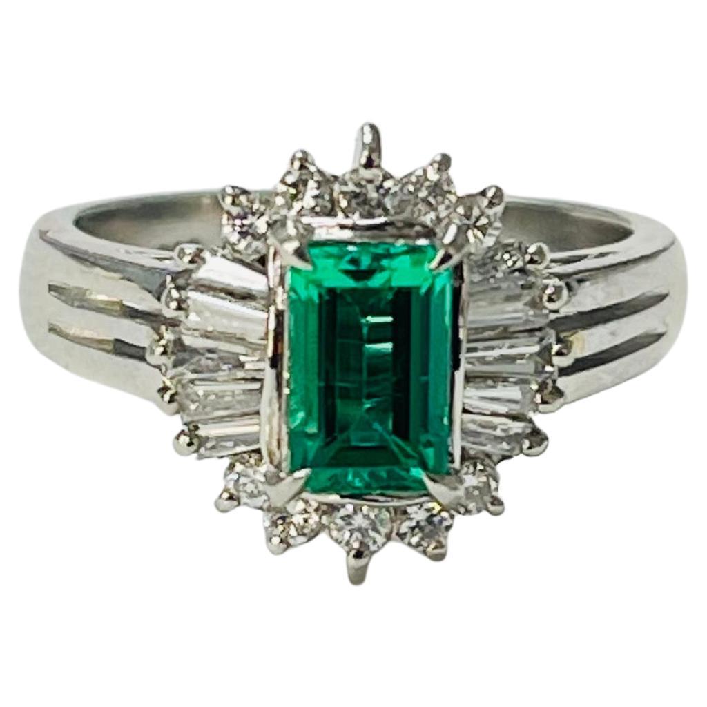 Columbian Emerald Octagonal Step Cut And Diamond Engagement Ring In Platinum GIA For Sale