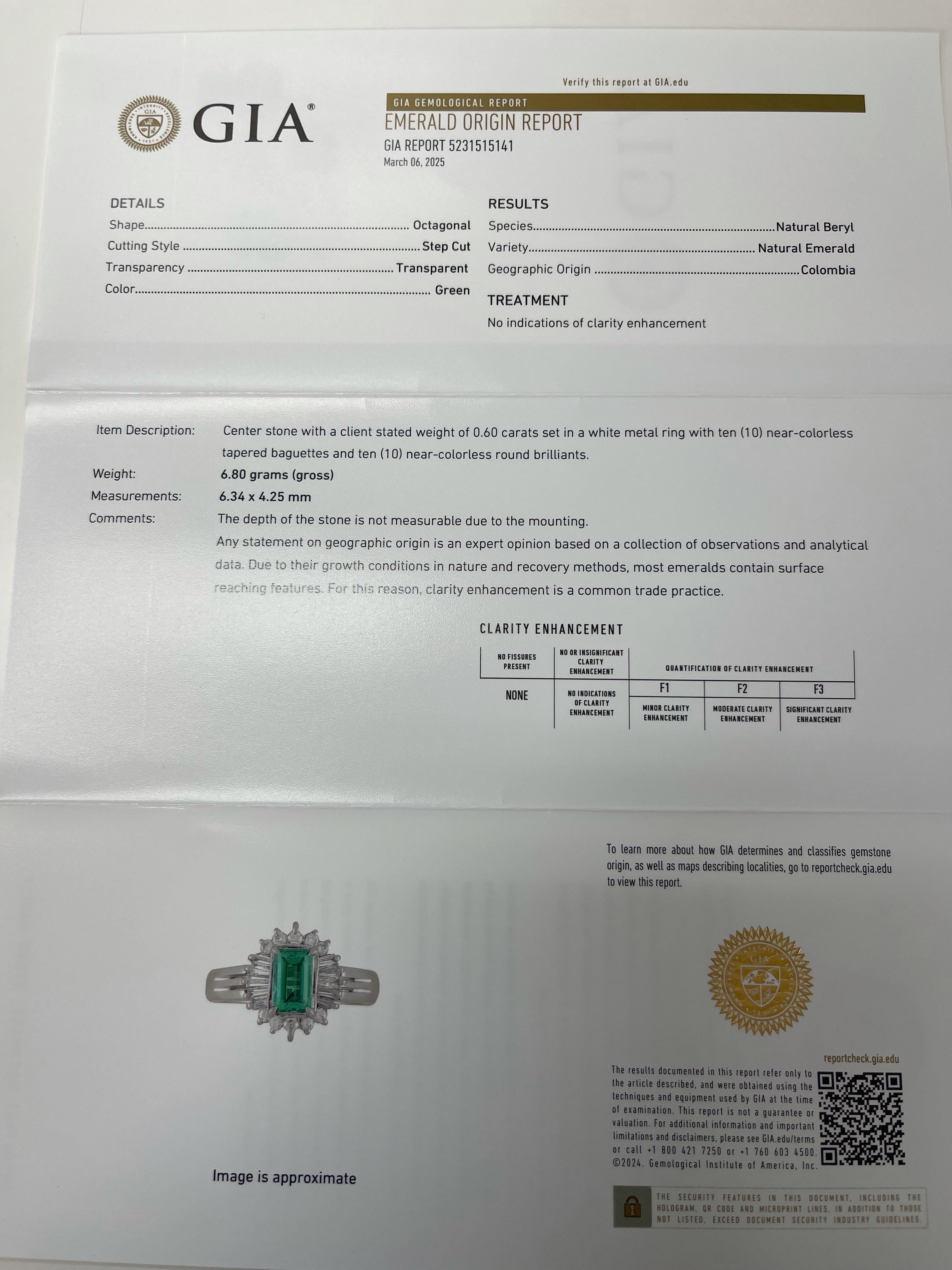 Columbian Emerald Octagonal Step Cut And Diamond Engagement Ring In Platinum GIA For Sale 1
