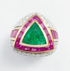 Columbian Emerald, Pink Sapphire and Diamond Ring set in 18K White Gold Settings