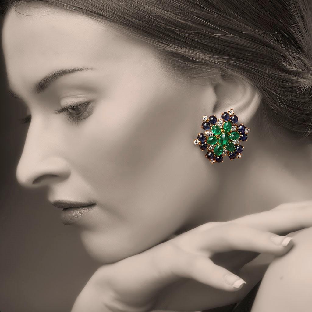 Cabochon Veschetti Emerald, Sapphire and Diamond Earrings For Sale