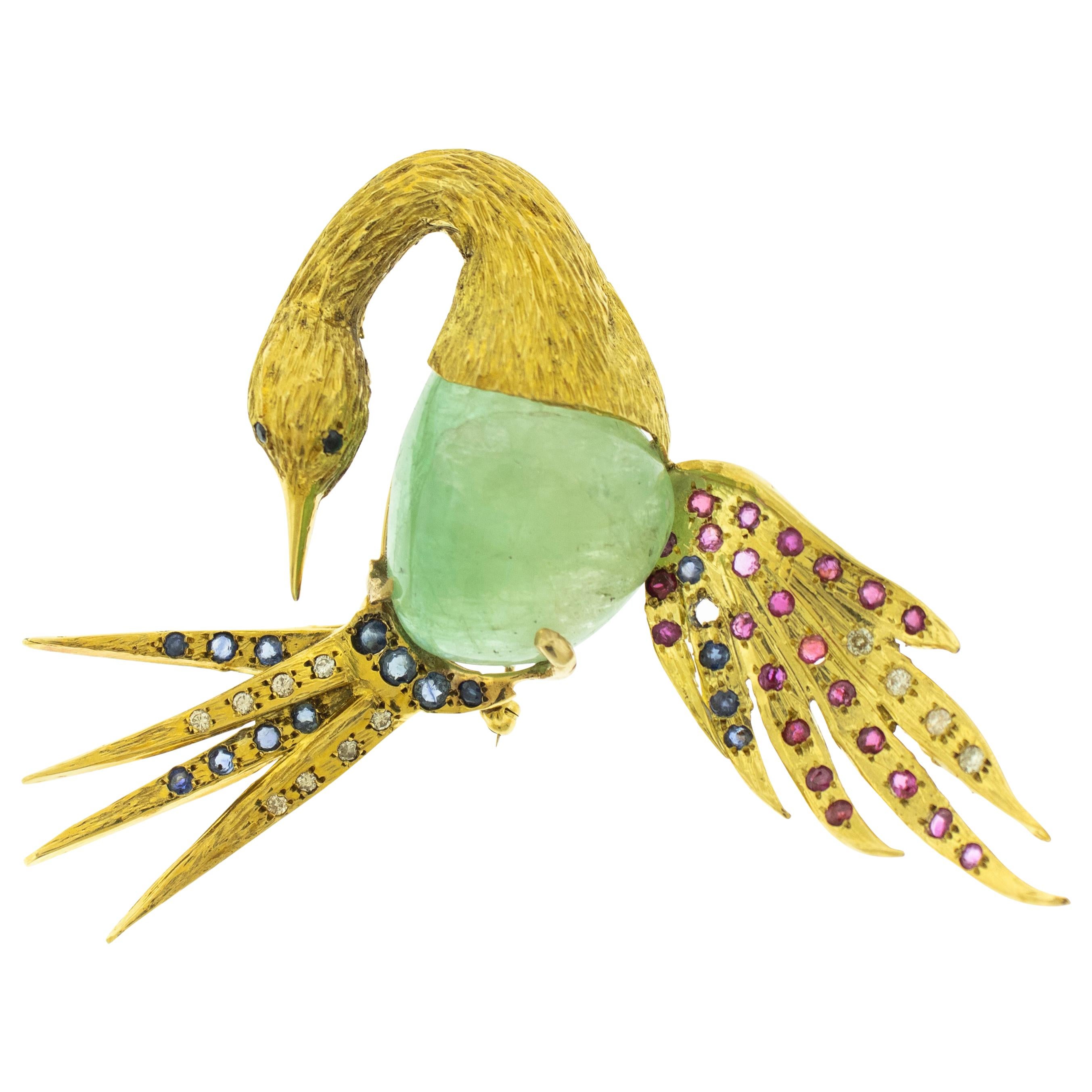 Columbian Emerald Sapphire Diamond 18 Karat Gold Heron Brooch