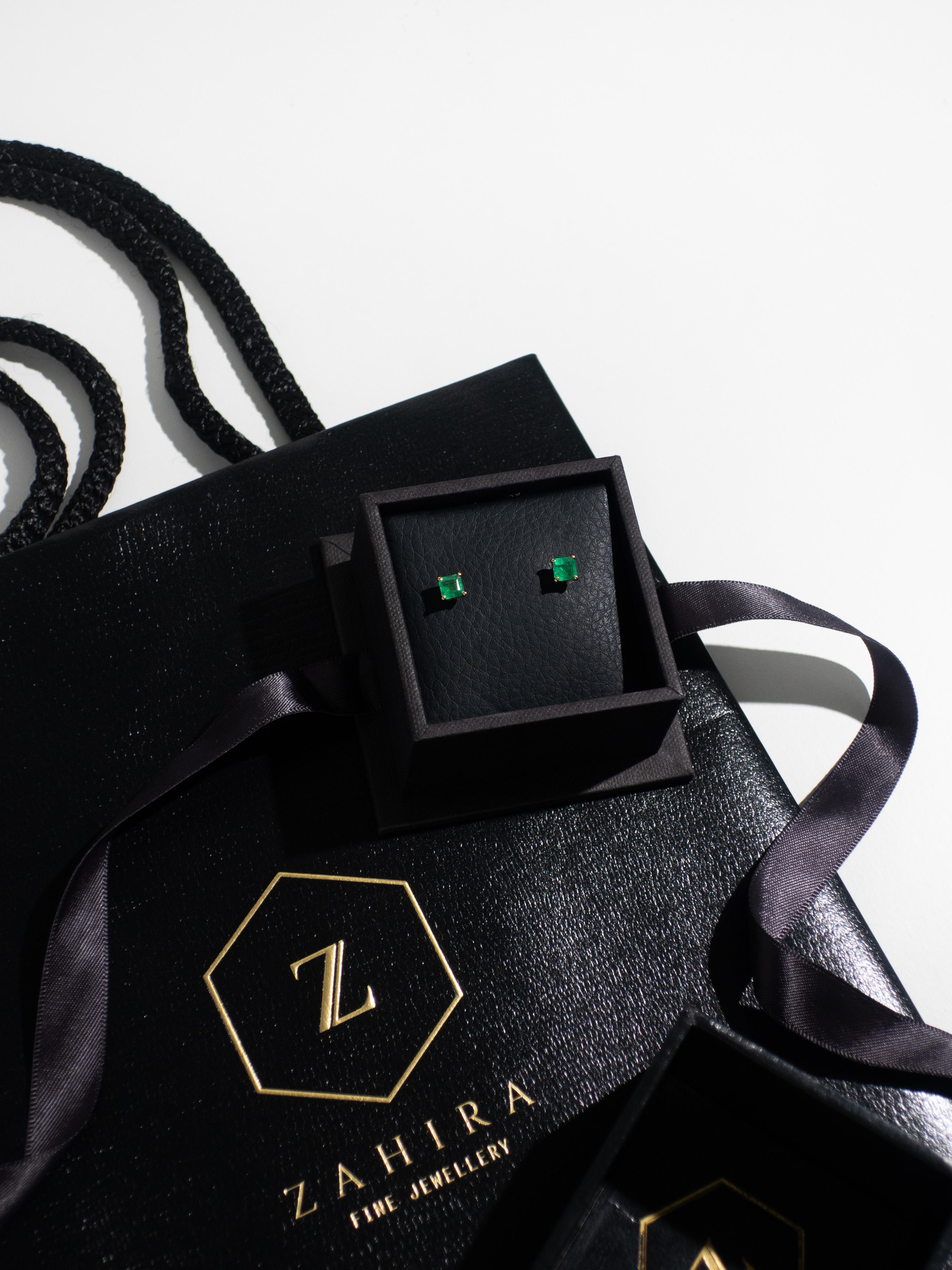 Square Cut Columbian Emerald Studs in 18k Yellow Gold For Sale
