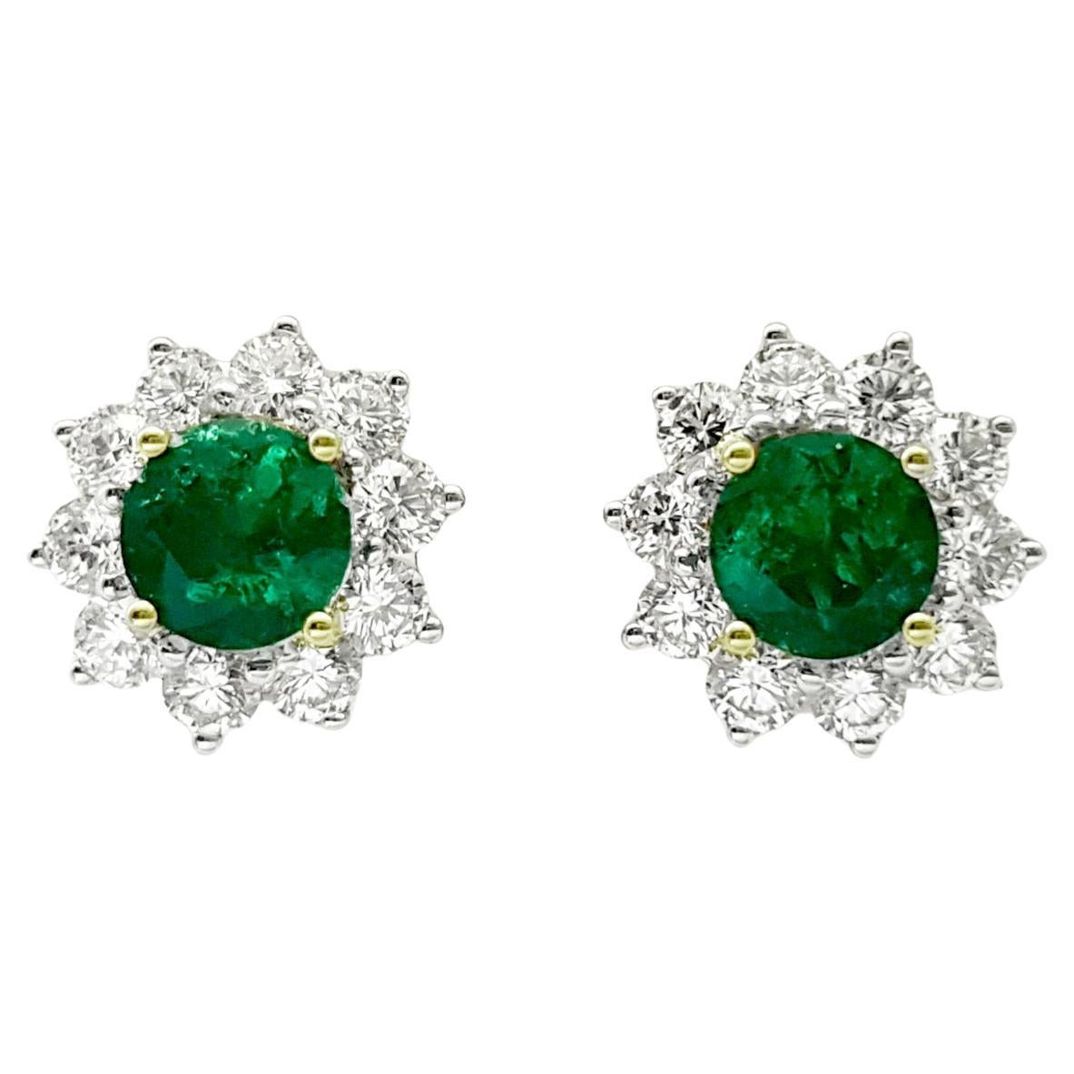 Columbian Emerald with Diamond Earrings set in 18K Gold Settings For Sale