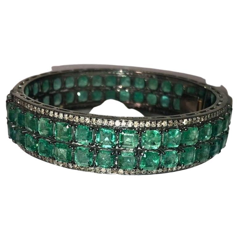 Square Cut Columbian Emeralds 35.5 cts with Pave Diamonds Paradizia Bangle Bracelet For Sale