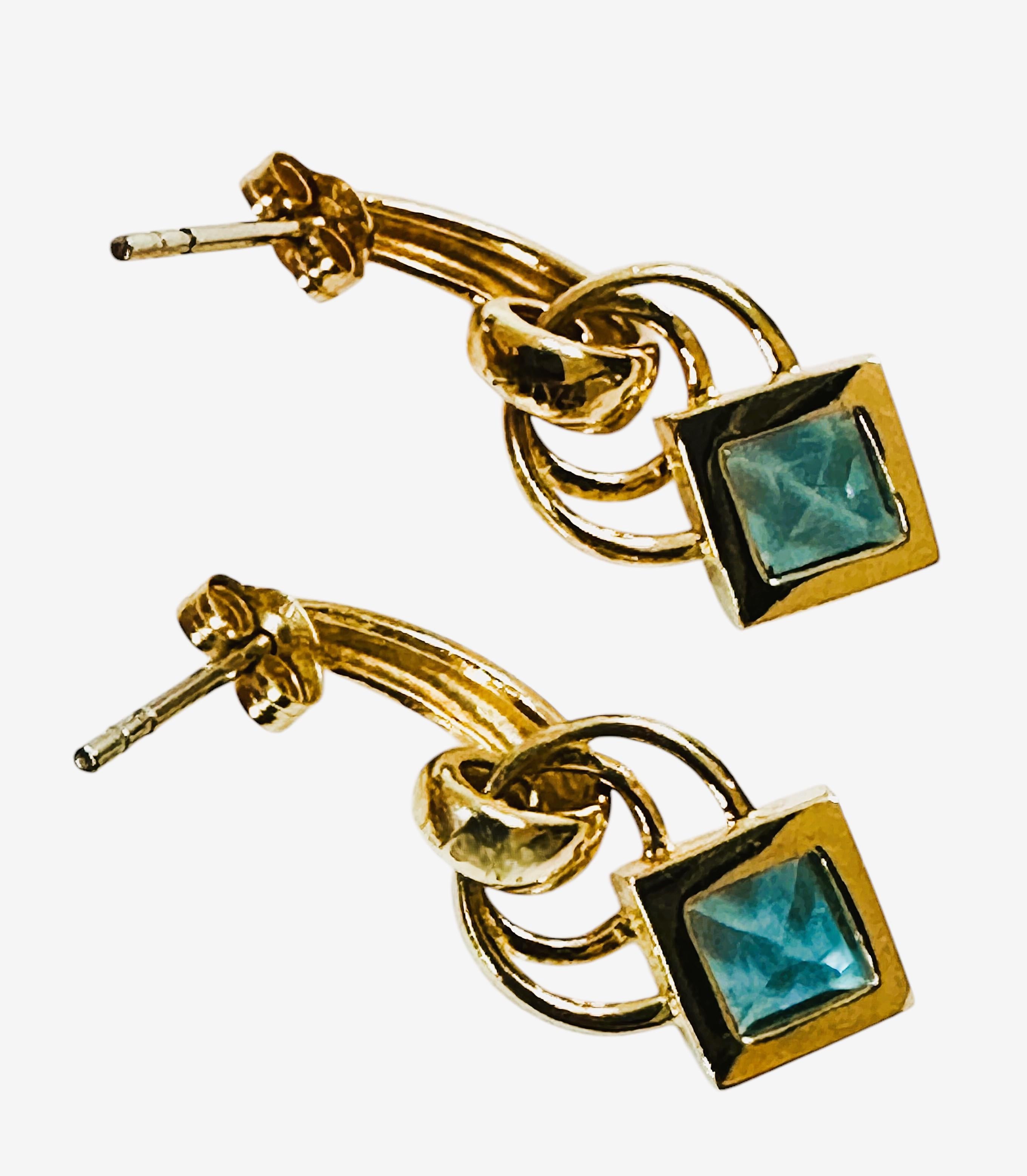 Asscher Cut Columbian Emeralds Int'l 14k Yellow Gold 1.42 Carat Blue Topaz Earrings