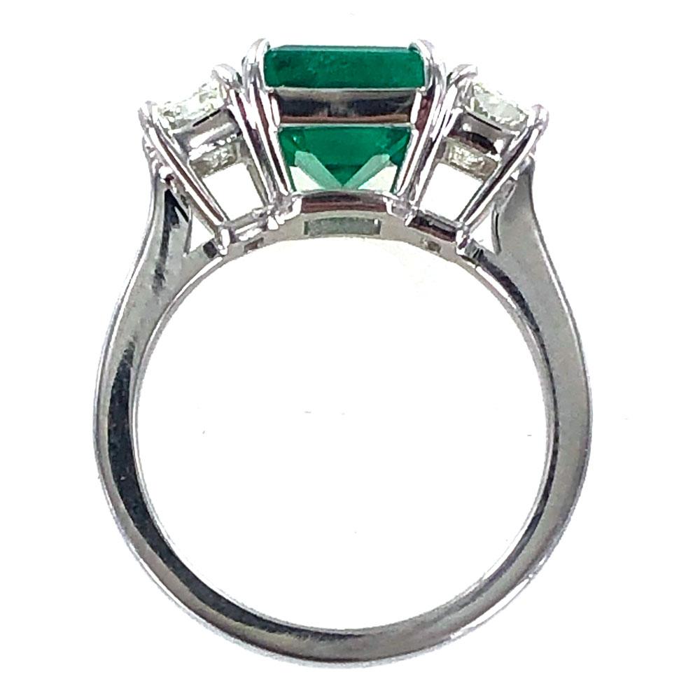 Women's or Men's Colombian Natural Emerald Diamond Platinum Three-Stone Ring GIA Certified