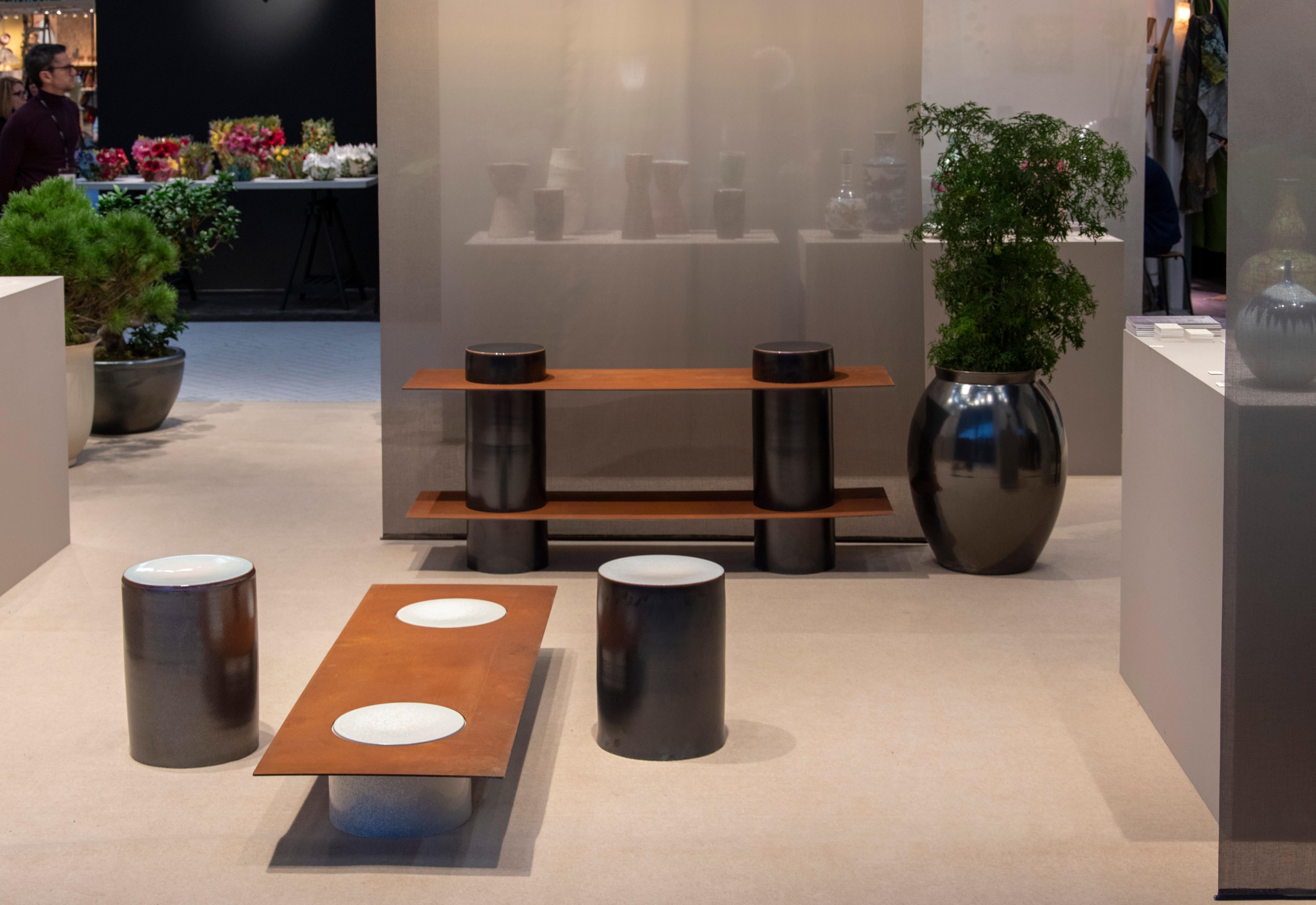 Modern Column '2 lev' Contemporary Shelf in Porcelain and Corten Steel