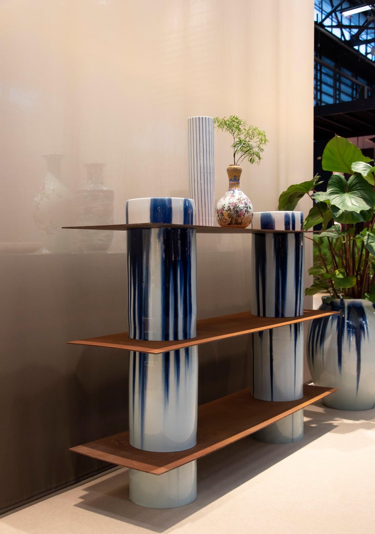 Chinese Column '3 lev' Contemporary Shelf in Porcelain and Corten Steel For Sale