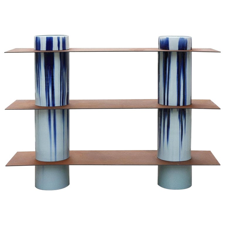 Column '3 lev' Contemporary Shelf in Porcelain and Corten Steel For Sale