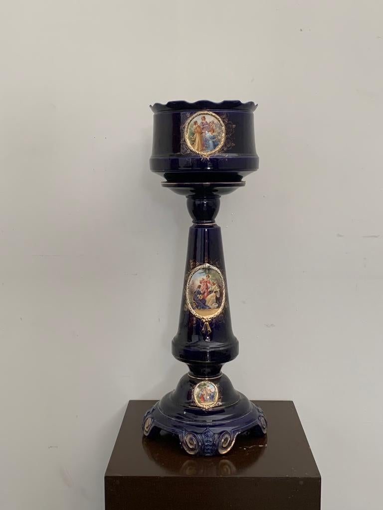 Säule und Vase aus goldkobaltblauer Keramik und Abziehbildern, 1920er Jahre, 2er-Set (20. Jahrhundert) im Angebot