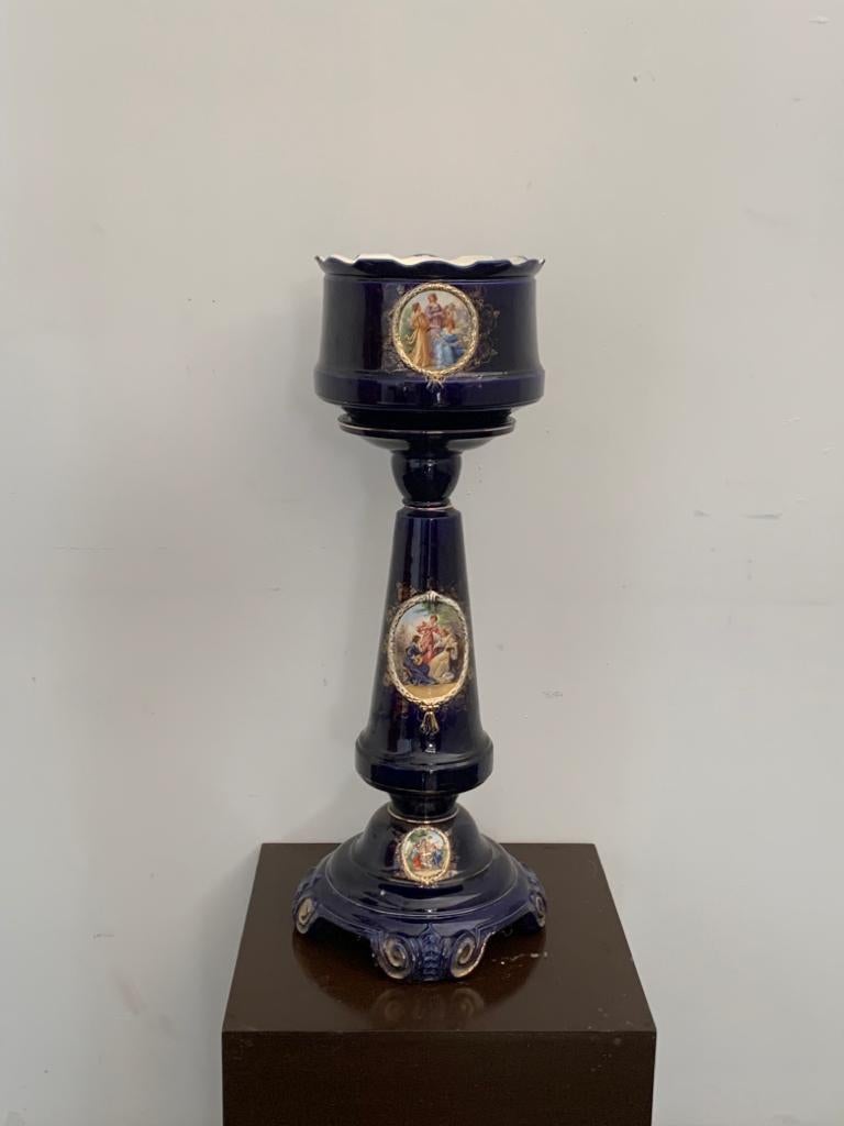 Säule und Vase aus goldkobaltblauer Keramik und Abziehbildern, 1920er Jahre, 2er-Set (Gold) im Angebot