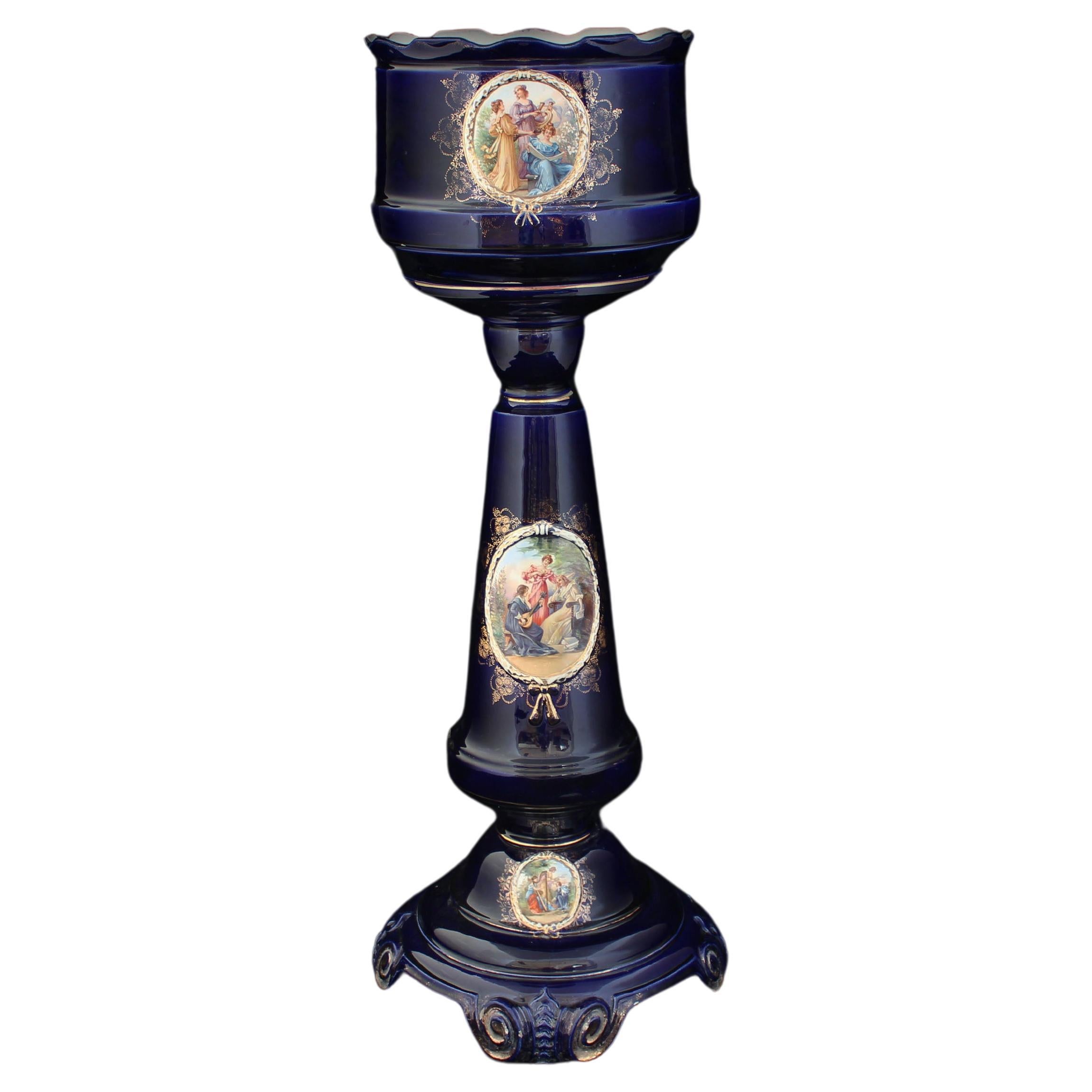 Säule und Vase aus goldkobaltblauer Keramik und Abziehbildern, 1920er Jahre, 2er-Set im Angebot