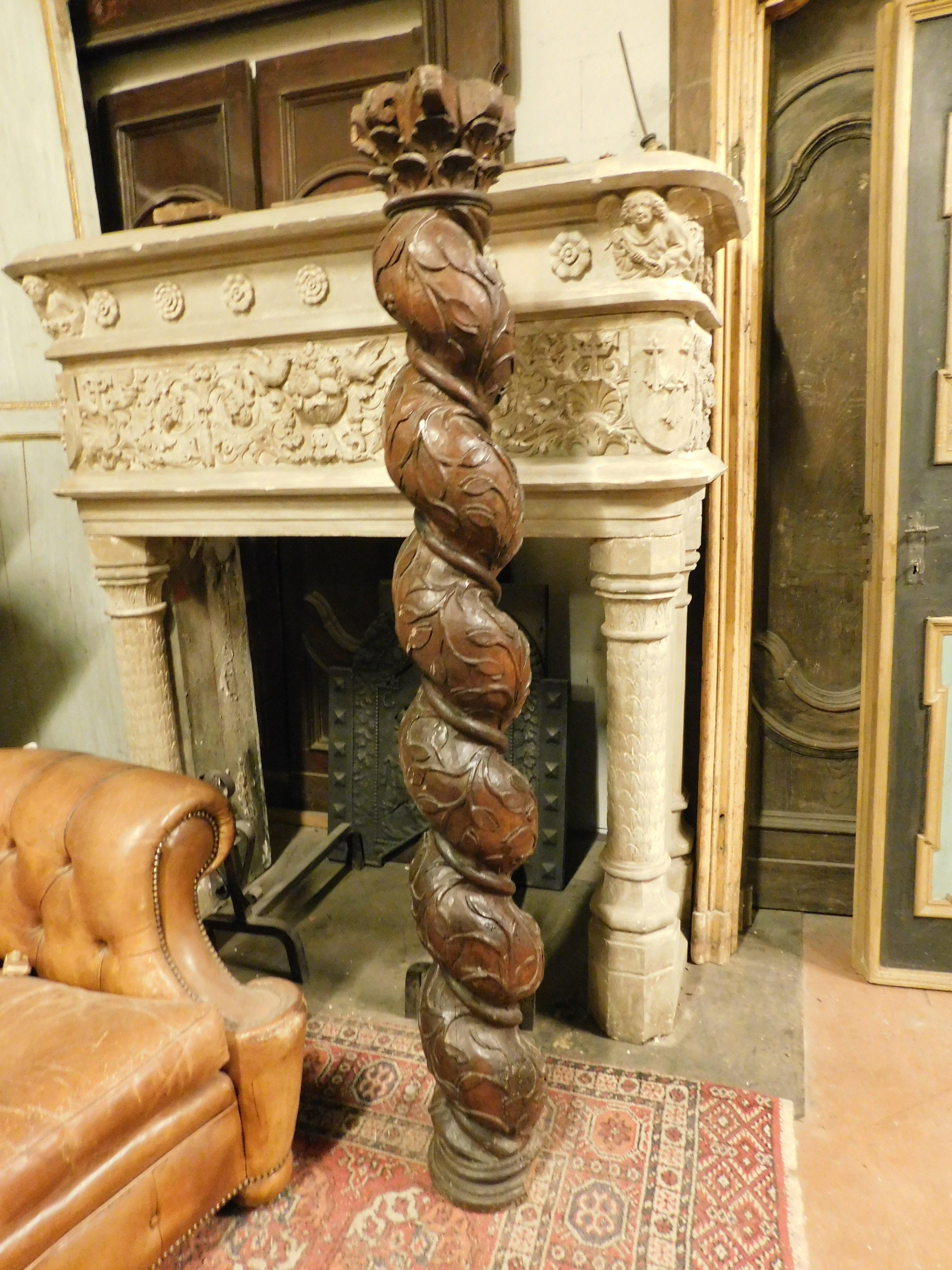 Hand-Carved Column in dark brown walnut wood, hand-sculpted with a twisted shape, Italy For Sale