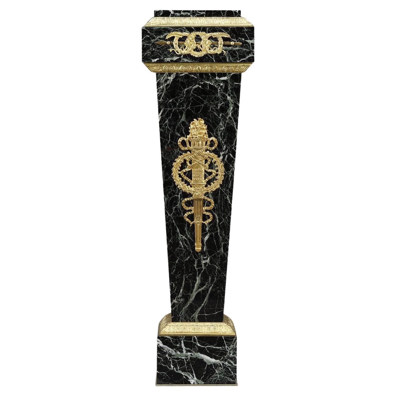 Column in Green Marble Veneer and Gilt Bronze Decoration, Empire Style For Sale