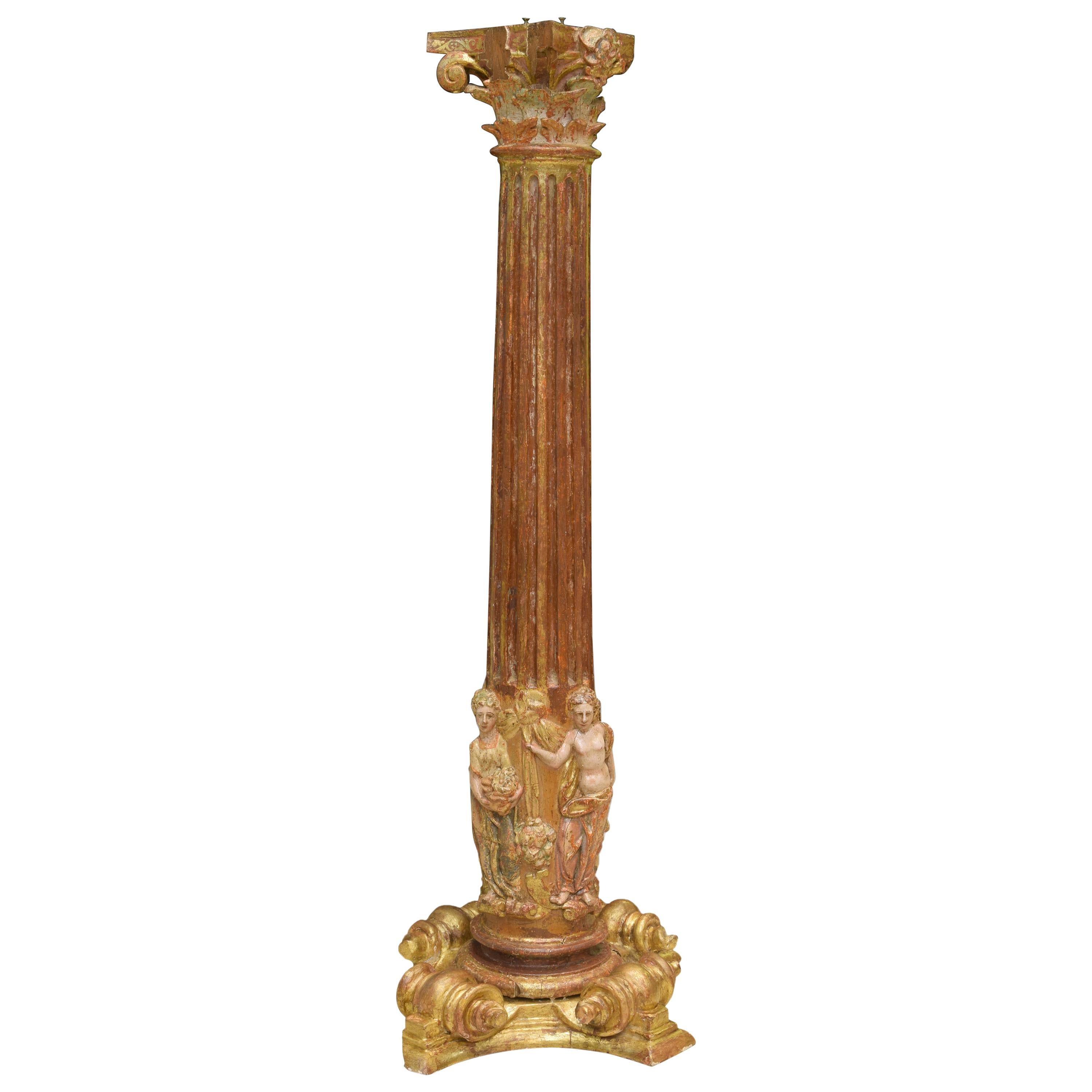 Column Polychromed and Gilded Wood, 16th Century For Sale