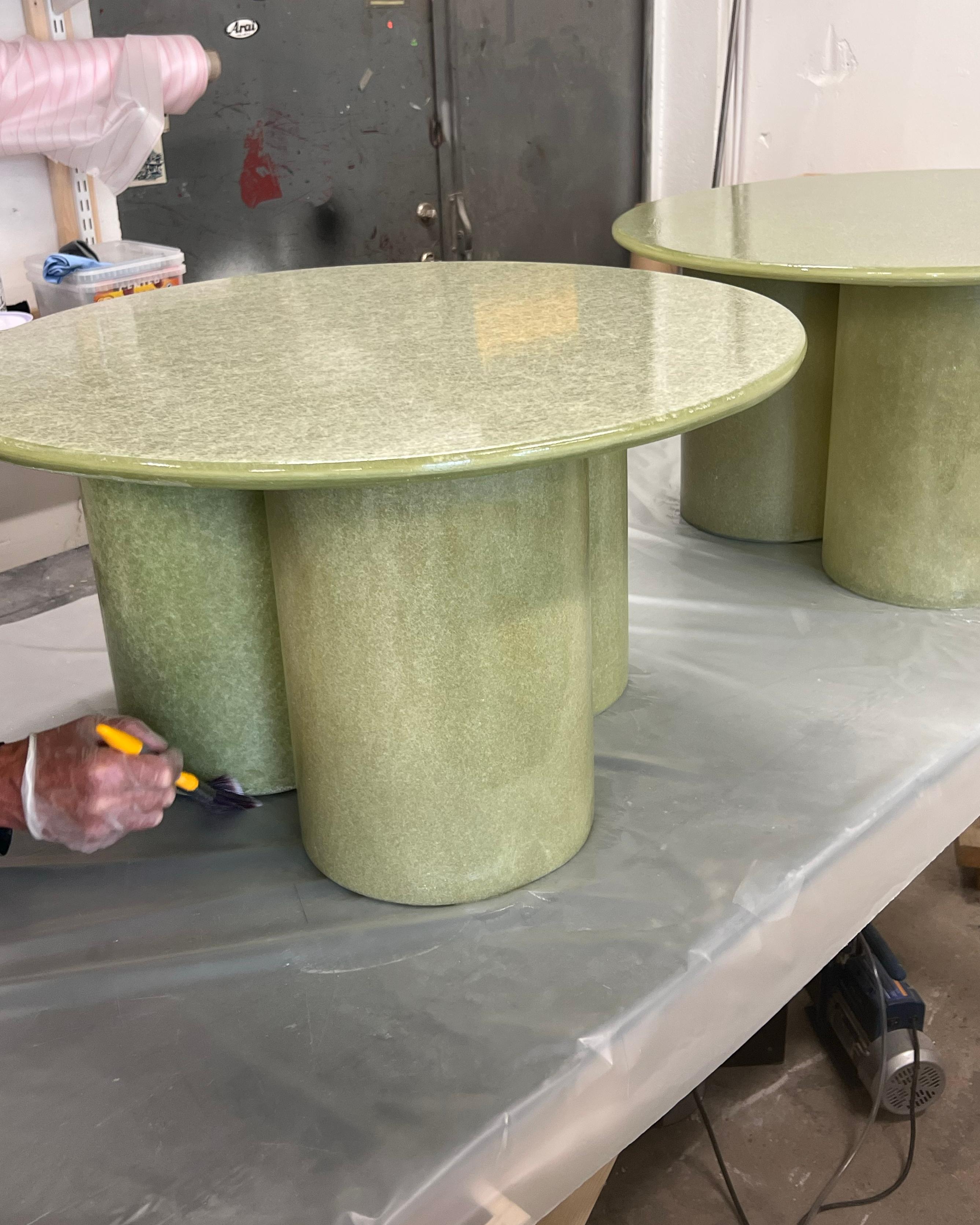 Brutalist Column Round Coffee Table in Raw Green, handcrafted by VAVA Objects For Sale